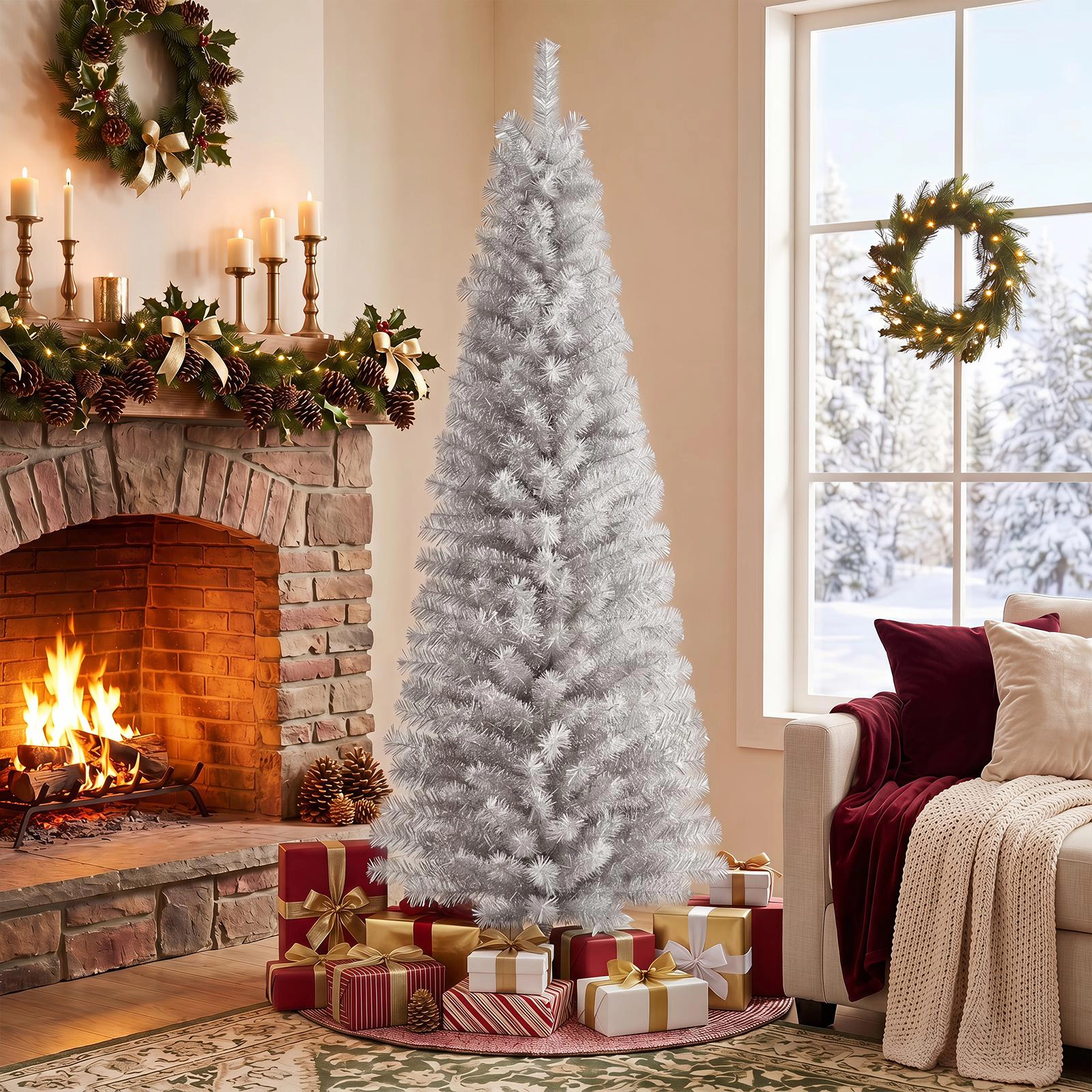 Costway 6 FT Artificial Christmas Tree Unlit Xmas Pencil Tree with 520 Branch Tips