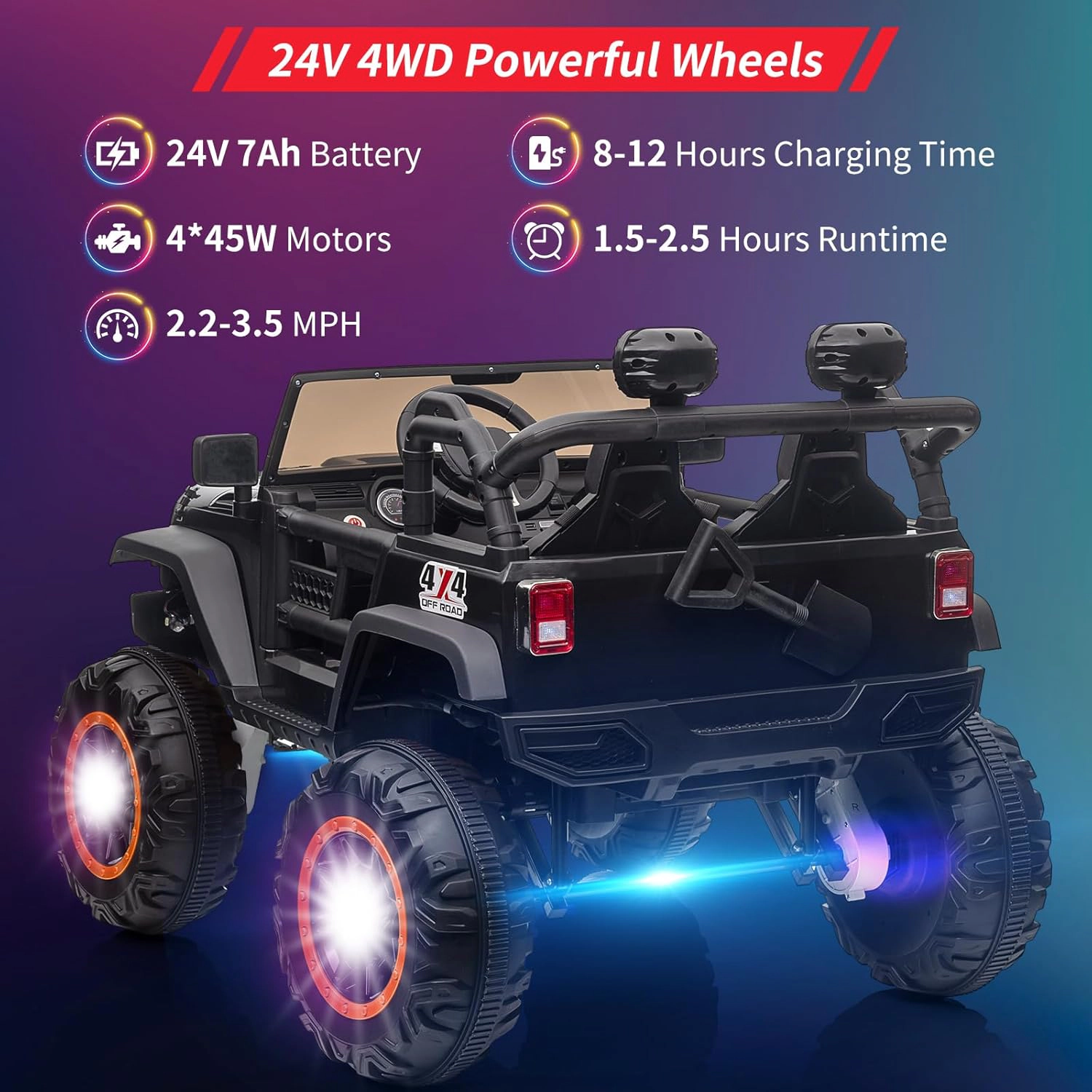 Enjyam 24V 2-Seater Kids Ride On Car, 4WD Electric Truck w/ Remote, 4×45W Motors, LED Lights, Music & 7Ah Battery