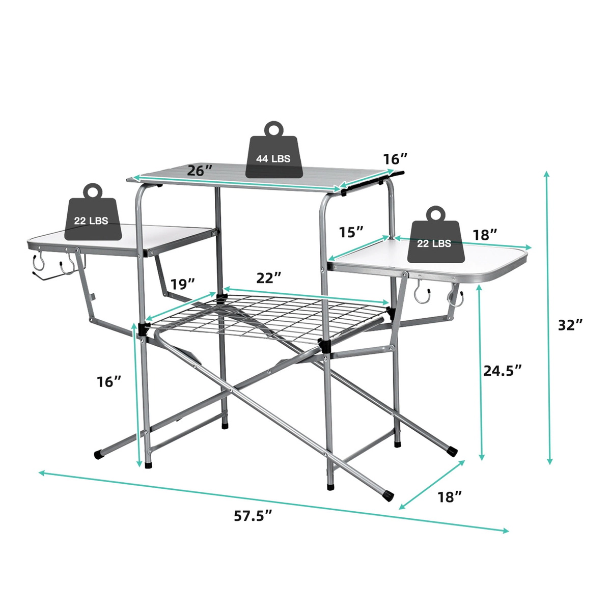 SUGIFT 57.5-Inch Foldable Grill Table, Aluminum Top, 2 Side Shelves, 4 Hooks, Paper Towel Holder, Carry Bag