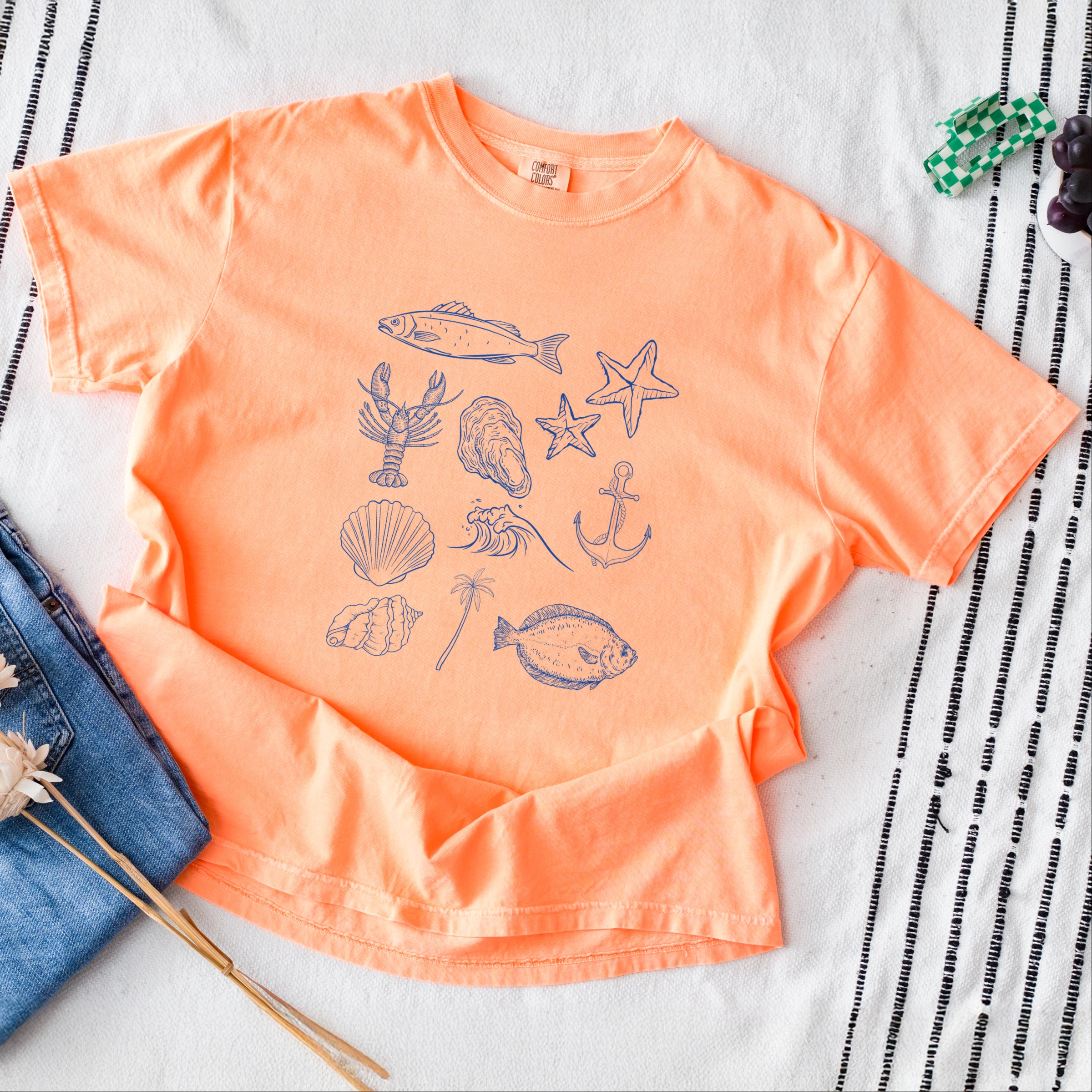 Simply Sage Market - Outline Fish Collage Blue Women's Garment Dyed Graphic T-Shirt