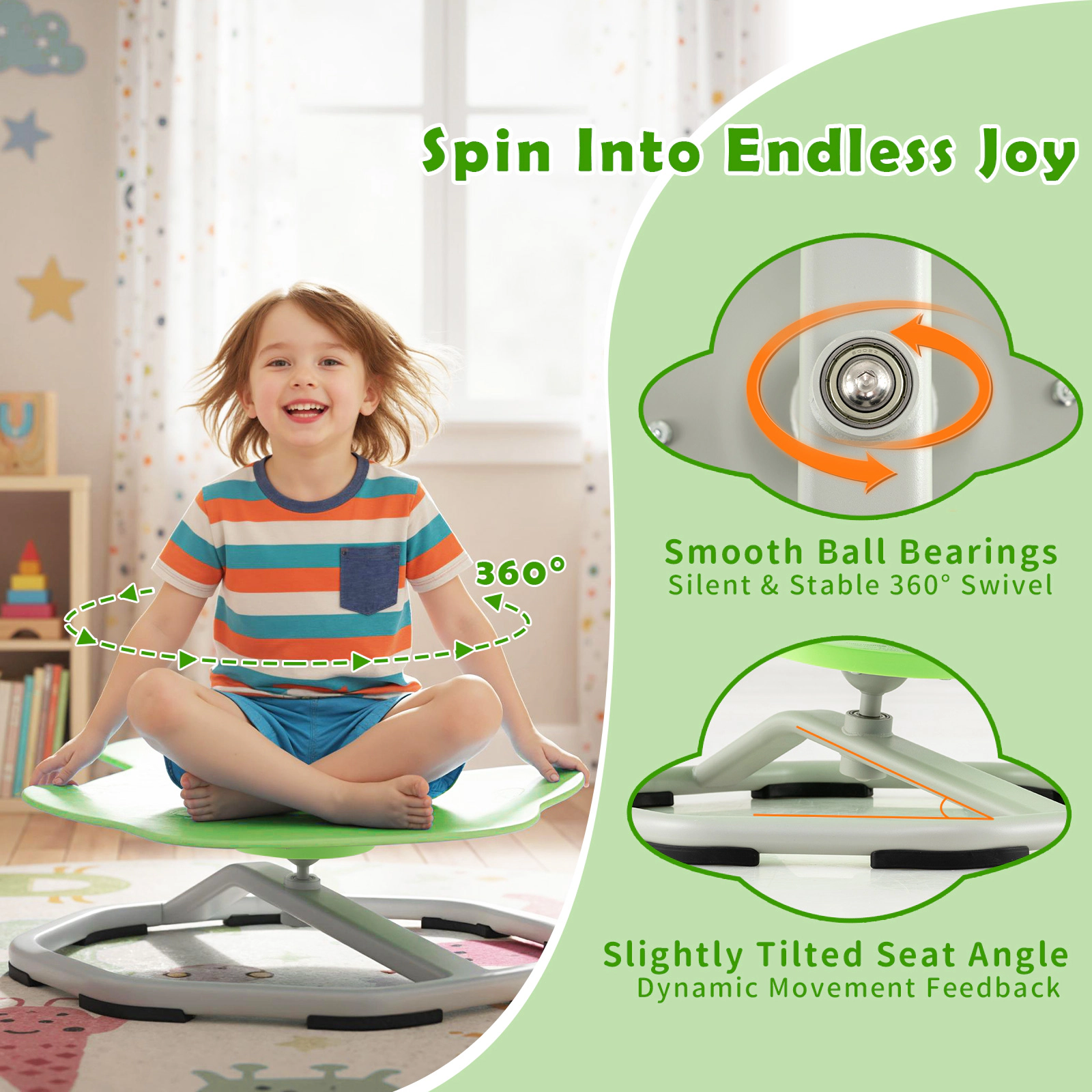 SUGIFT Kids Sensory Swivel Chair Green Elephant 360 Degree Spinning Chair with Metal Base