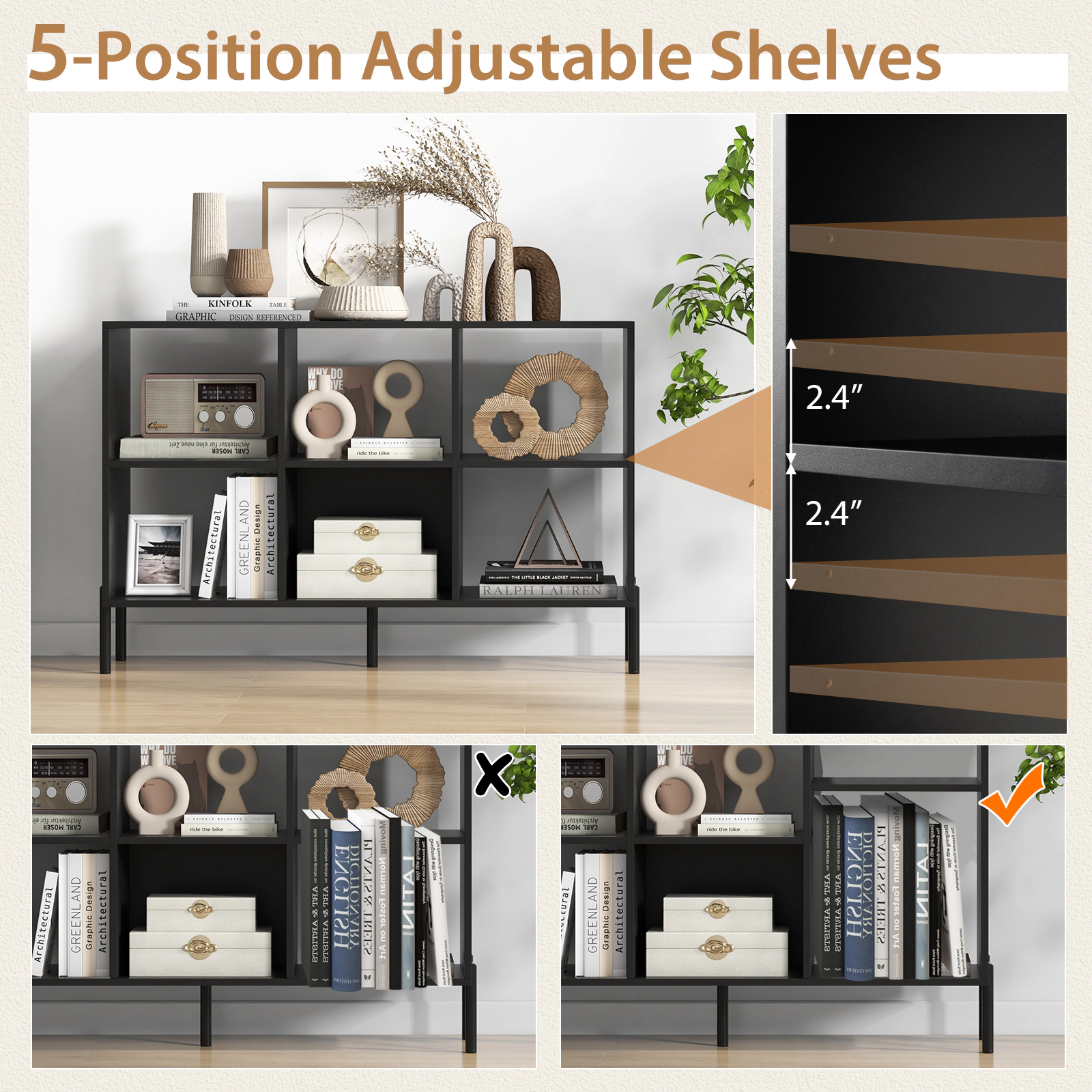 SUGIFT Open-Back Engineered Wood 3-Tier Bookshelf Adjustable Shelves 135-lb Tabletop Capacity 33-lb Cube Capacity 47