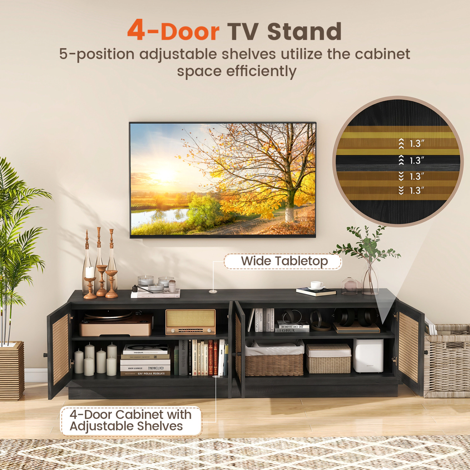 Glintex 70-Inch Farmhouse TV Stand with 4 Rattan Doors and 8 Cable Holes
