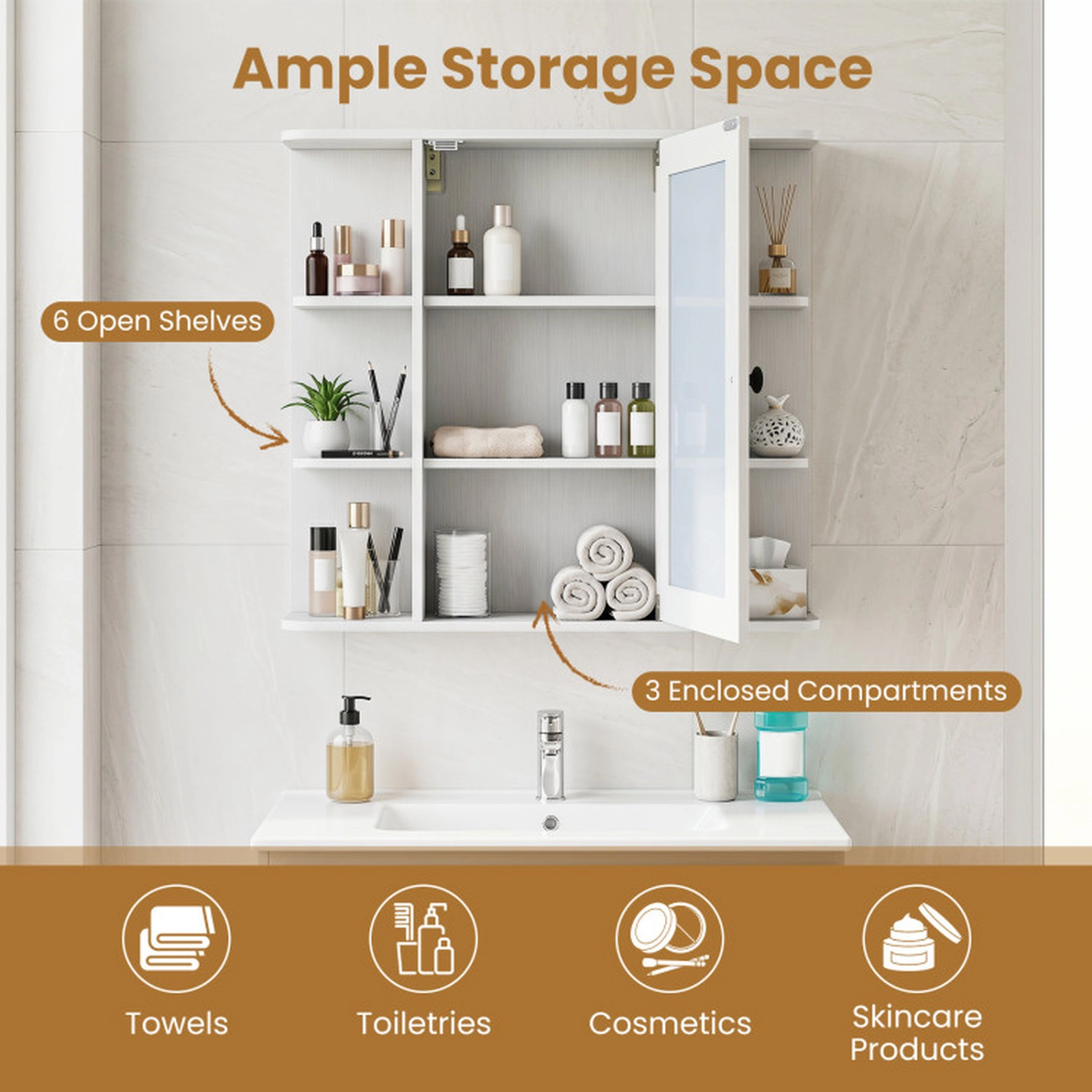SUGIFT Mirror Door 3 Compartments 6 Open Shelves Bathroom Medicine Cabinet 26-in x 6.5-in x 25-in 120-lb White
