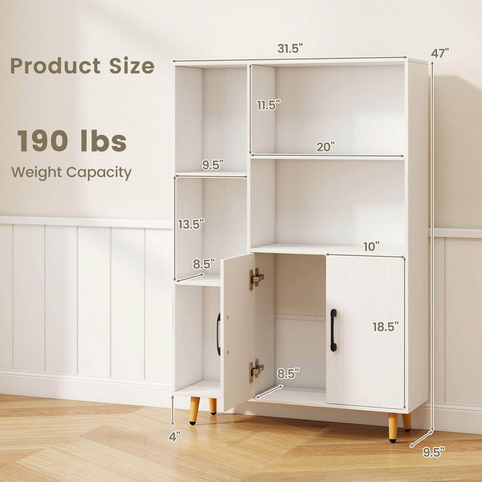 SUGIFT White 47-in Freestanding Bookshelf Pantry Cabinet with 2 Doors 5 Open Shelves and Metal Legs