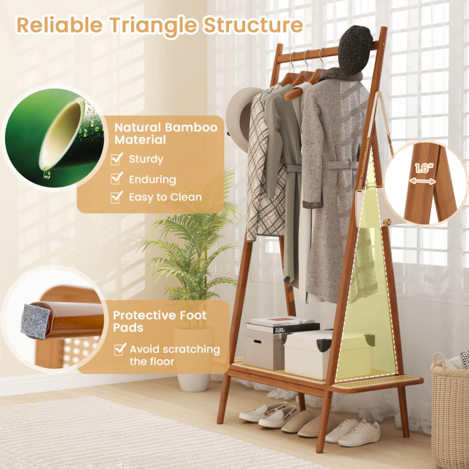 SUGIFT Bamboo Clothes Rack with Hanging Rod Rattan Shelf and Hooks