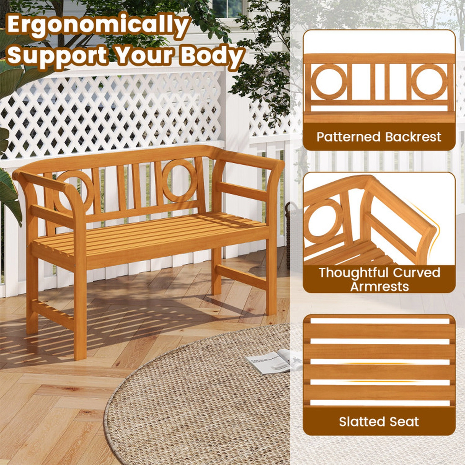 SUGIFT Natural Geometric Backrest 2-Person Acacia Wood Patio Loveseat Garden Bench