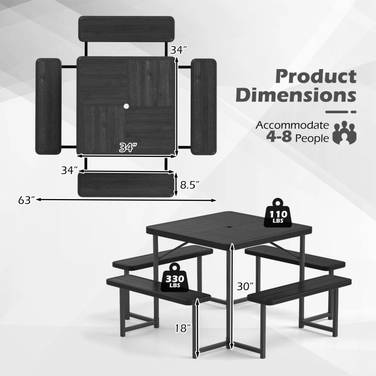 Hivvago Outdoor Square Picnic Table Bench Set For 4-8 People With Umbrella Hole
