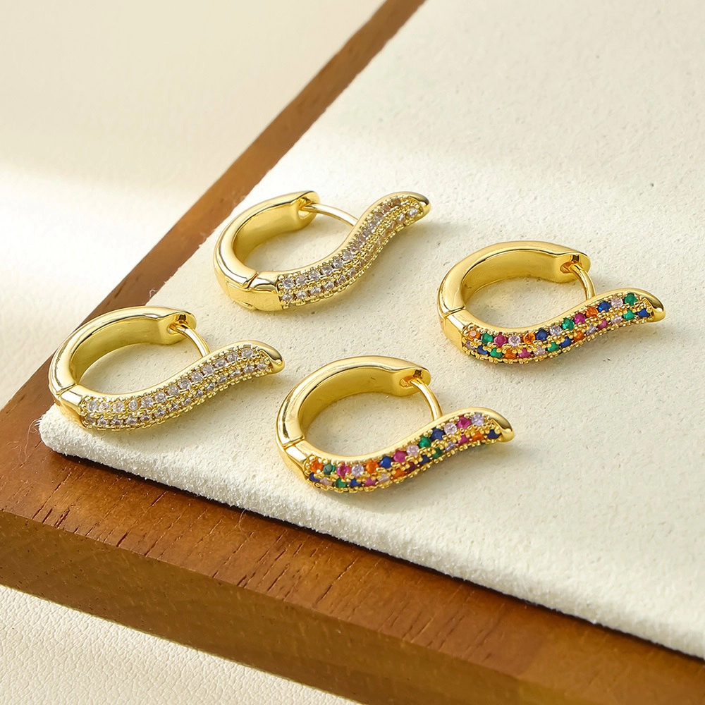 Curved Rainbow Pave Cubic Zirconia Huggie Hoop Earring