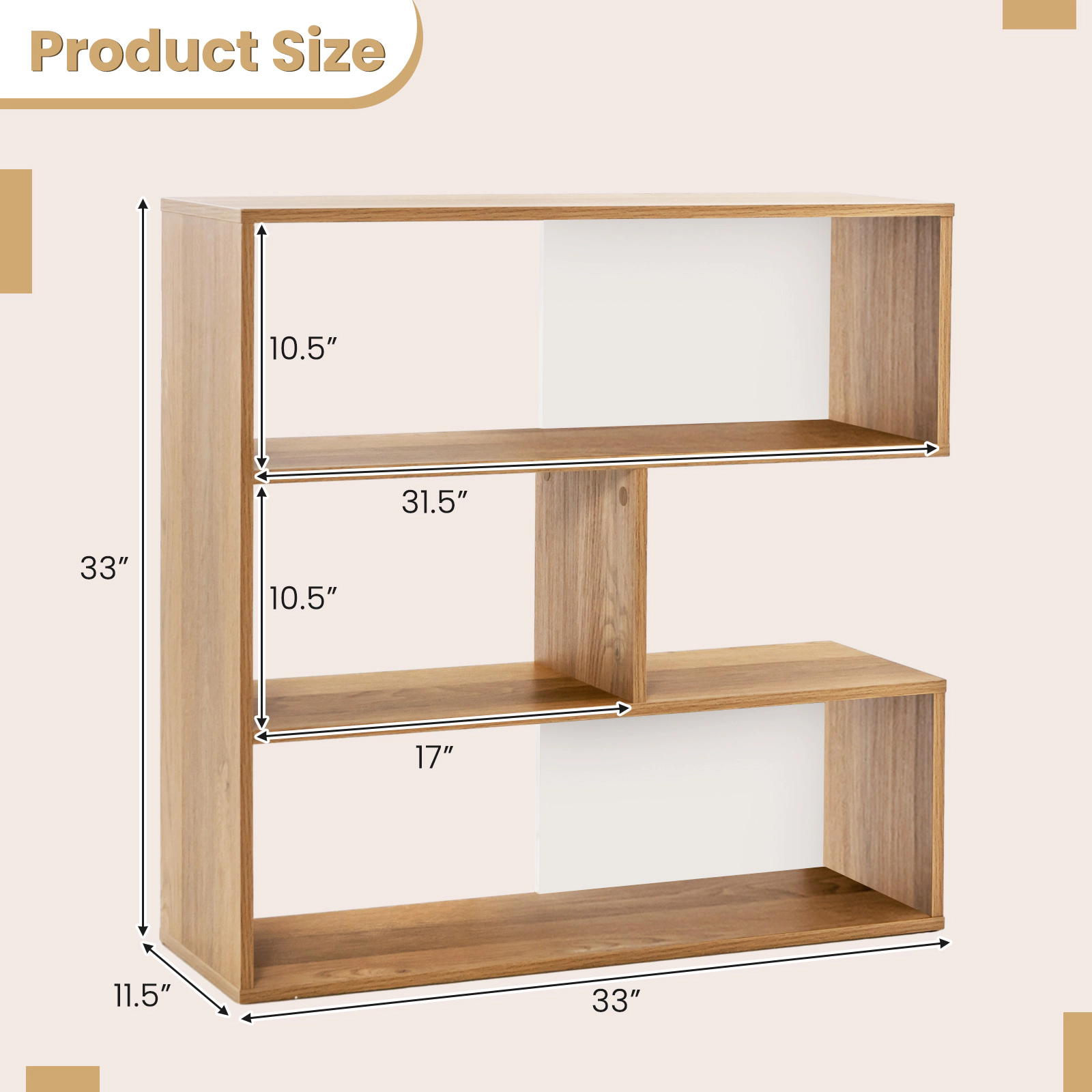 LJG Concave Bookshelf 3-Shelf Open Bookcase with Anti-Toppling Device for Living Room Study Office