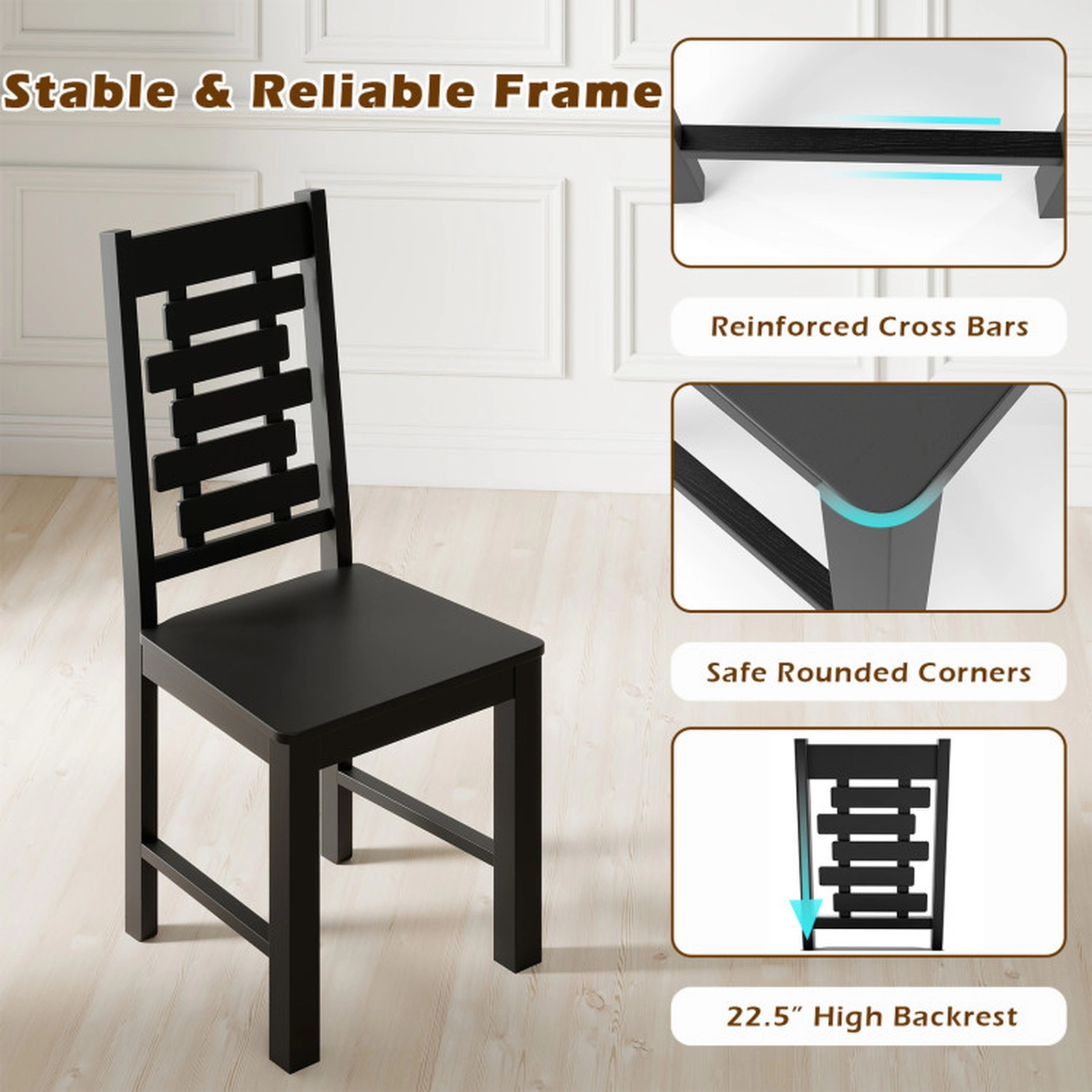SUGIFT Set of 2 Solid Rubber Wood Mid-Century Dining Chairs, Black