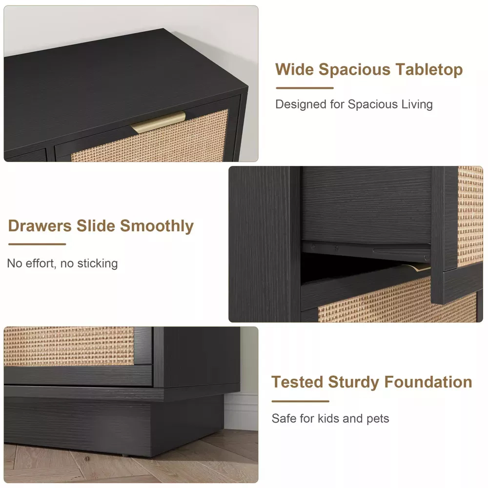 Rattan 7 Drawer Dresser with Metal Handles, 55" Wide Storage Chest for Bedroom Home Office