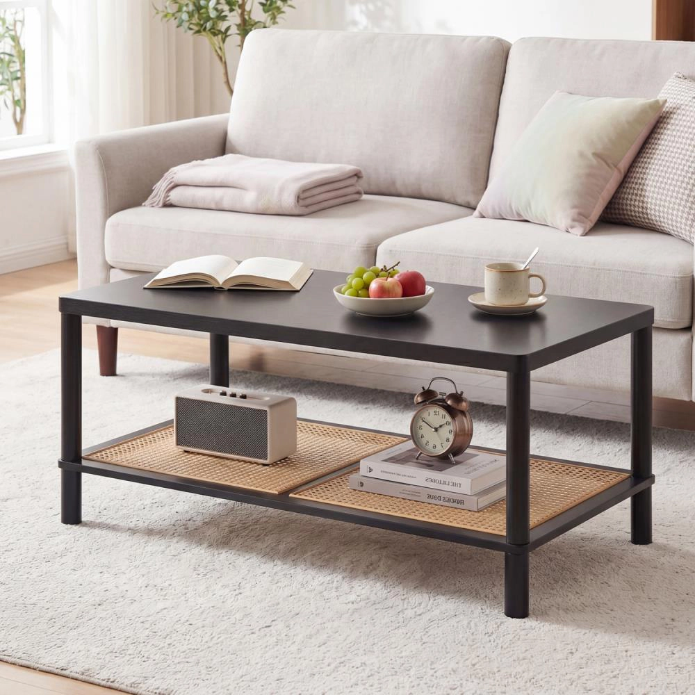 Hivvago 2-Tier Boho Coffee Table for Living Room Rectangular Center