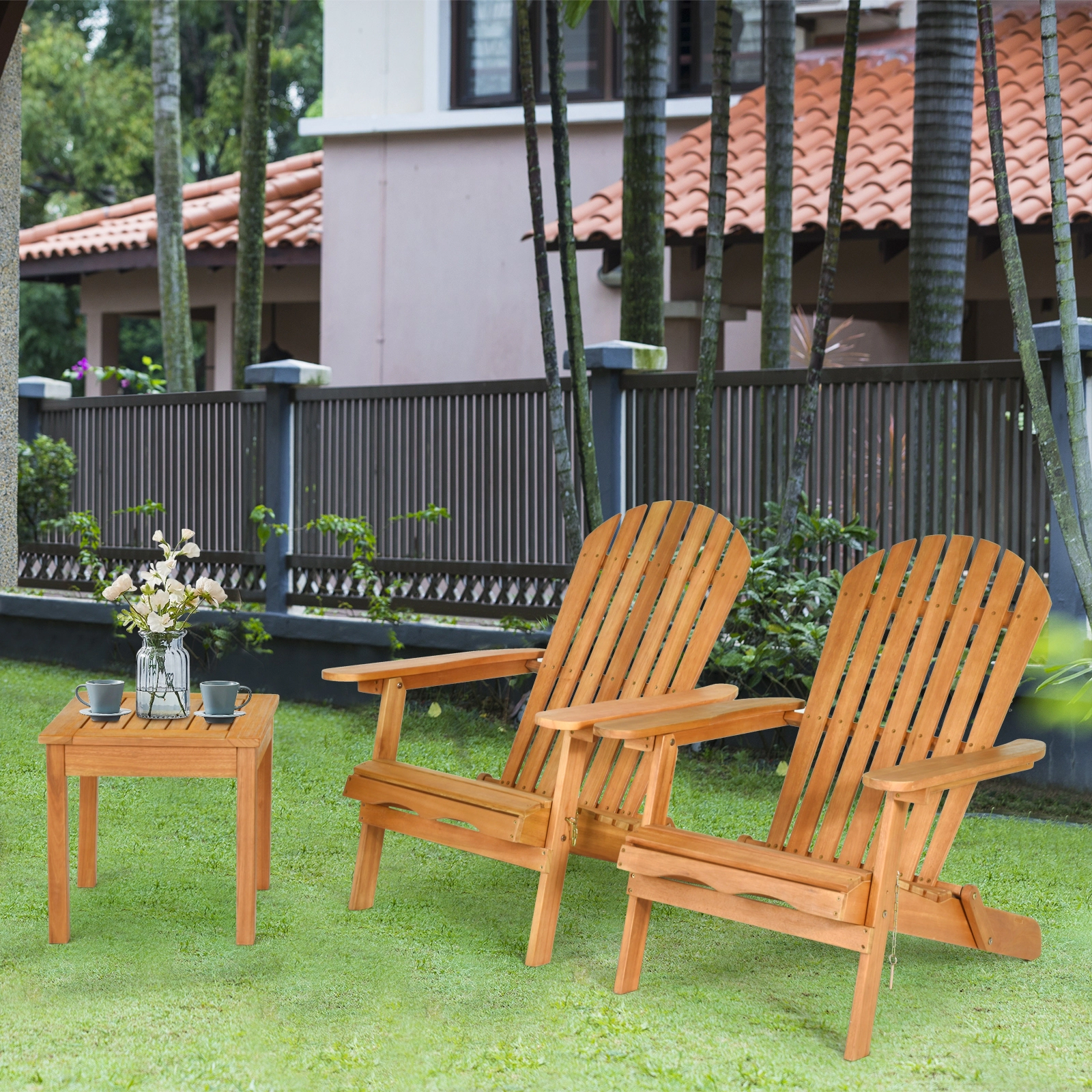 SUGIFT Widened Armrests and Side Table 3-Piece Natural Eucalyptus Adirondack Chair Set