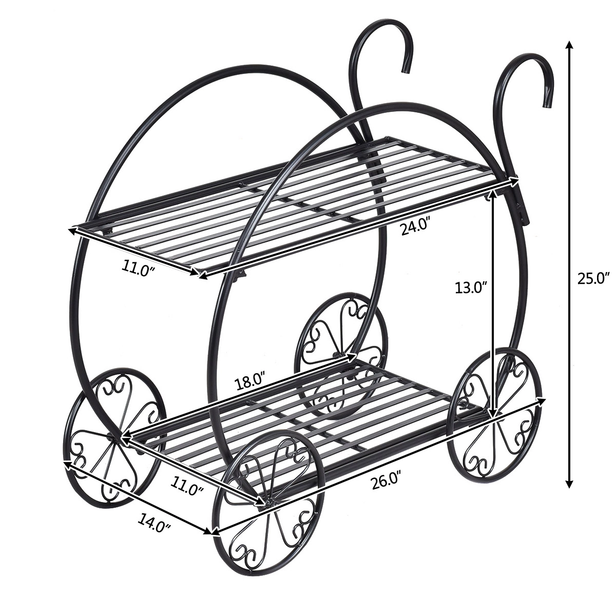 Slickblue Black 2-Tier Plant Rack with Wheels, Metal Rolling Stand for Indoor Outdoor Display