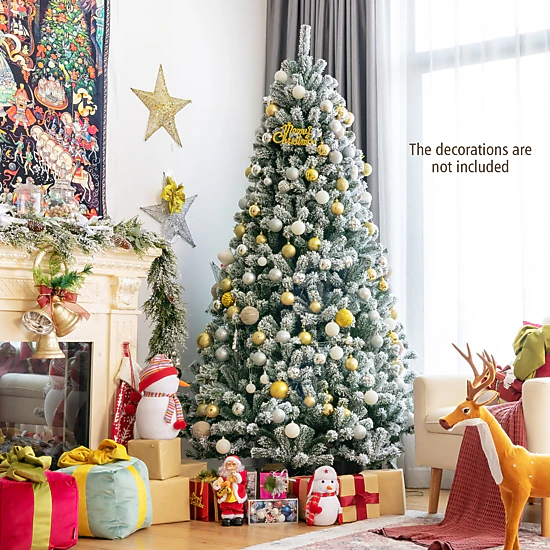 Costway 6/7/8ft Pre-lit Snow Flocked Hinged Christmas Tree w/1502 Tips & Metal Stand