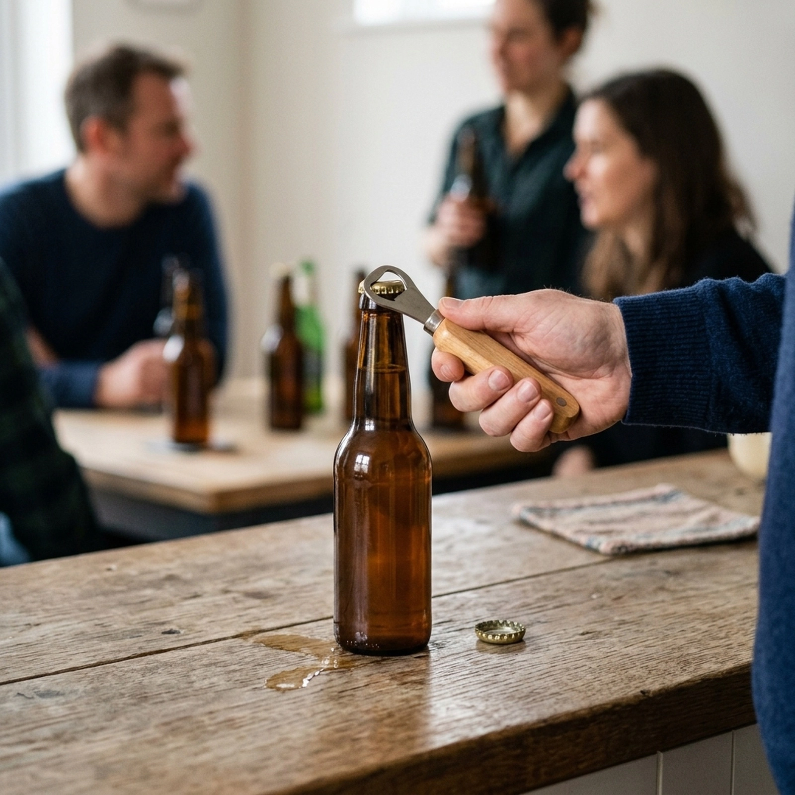 Magnetic Beer Bottle Opener with Rubberwood Handle and Stainless Steel Head 6-in Handheld Fridge Storage