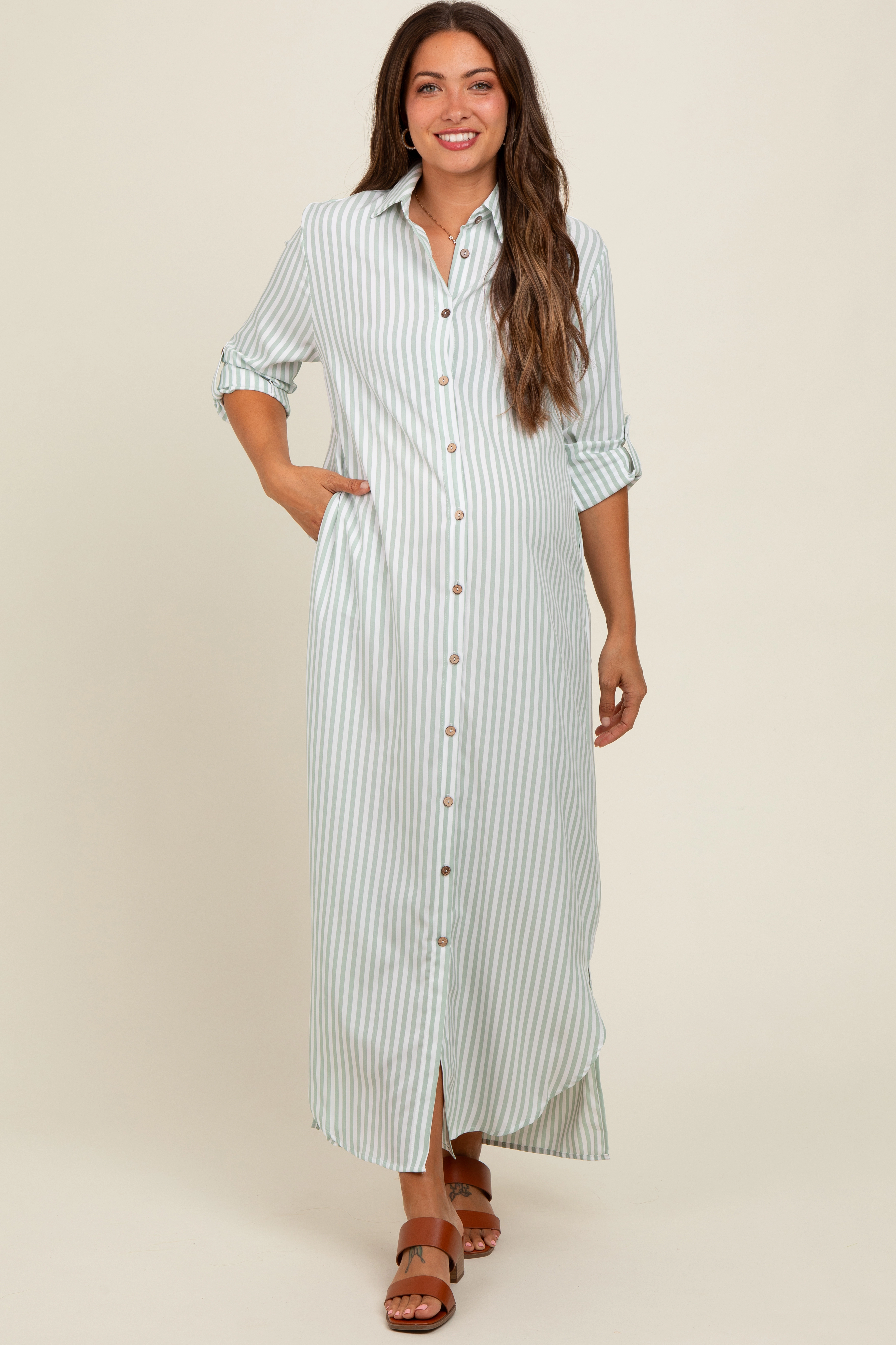 PinkBlush Womens Light Olive Striped Button Down Maternity Maxi Dress