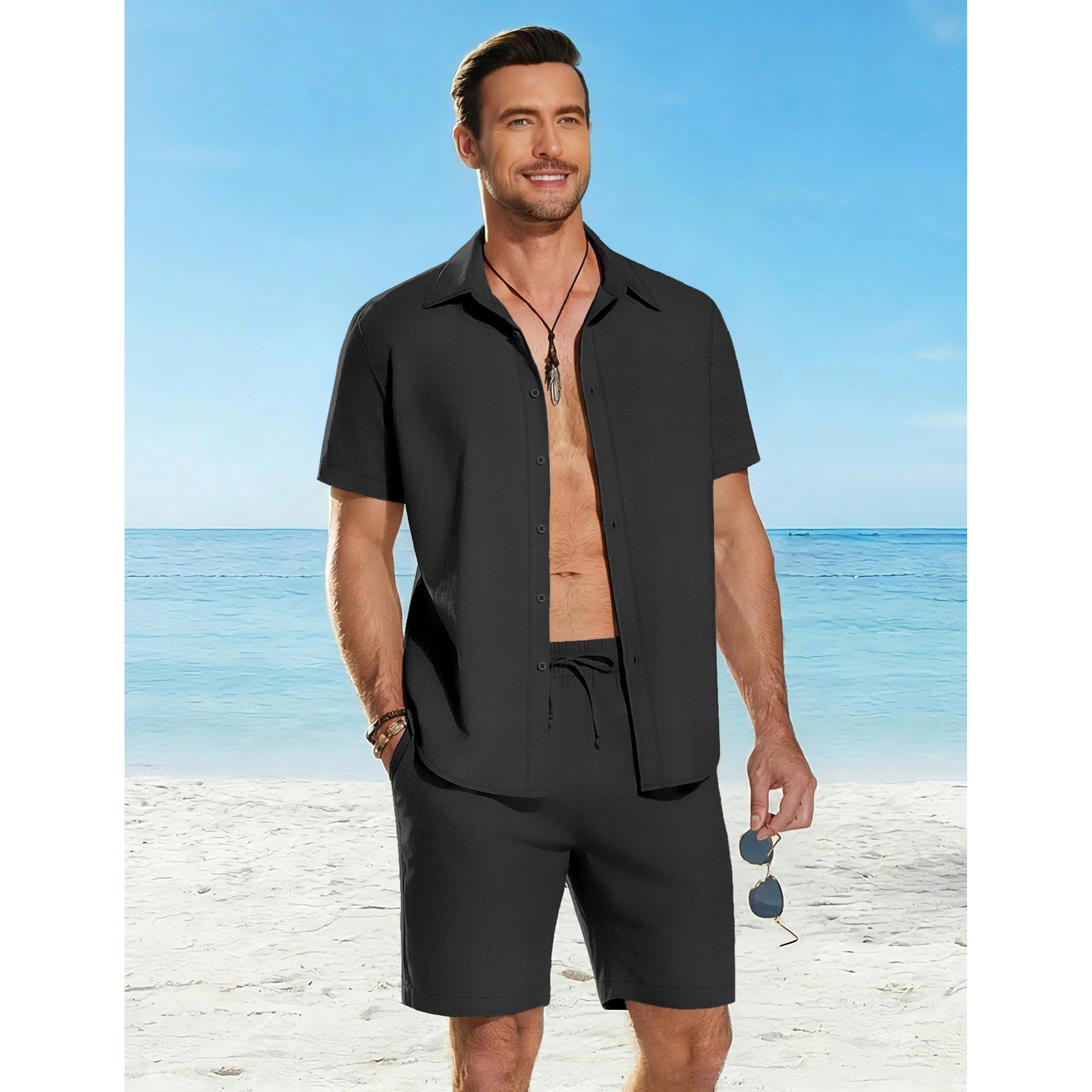 COOFANDY Mens  Short Sleeve Button Down Shirt Shorts Set Casual Beach Outfits