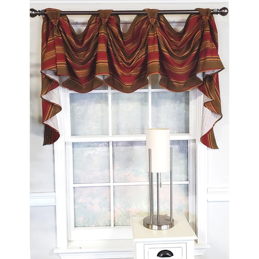 RLF Home Luxurious Modern Design Nigel Stripe Victory Swag 3-Scoop Window Valance 50" x 25" Ruby