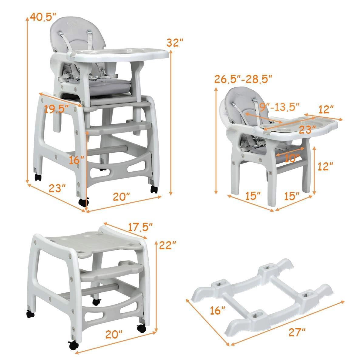SUGIFT 3-in-1 Convertible Baby High Chair with Lockable Universal Wheels 50-lb Capacity Ages 6 Months-8 Years Gray/Pink