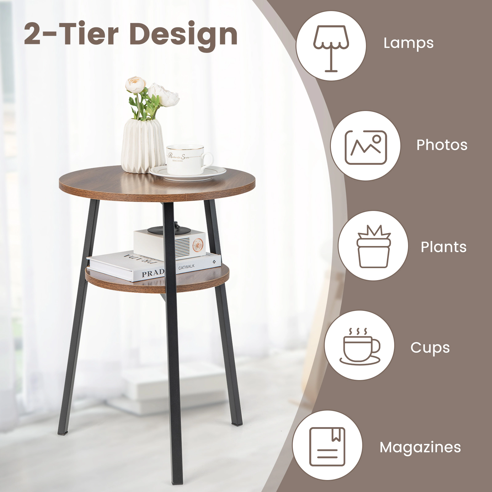 LJG 2-Tier Round End Table Set of 2 with Open Shelf and Triangular Metal Frame