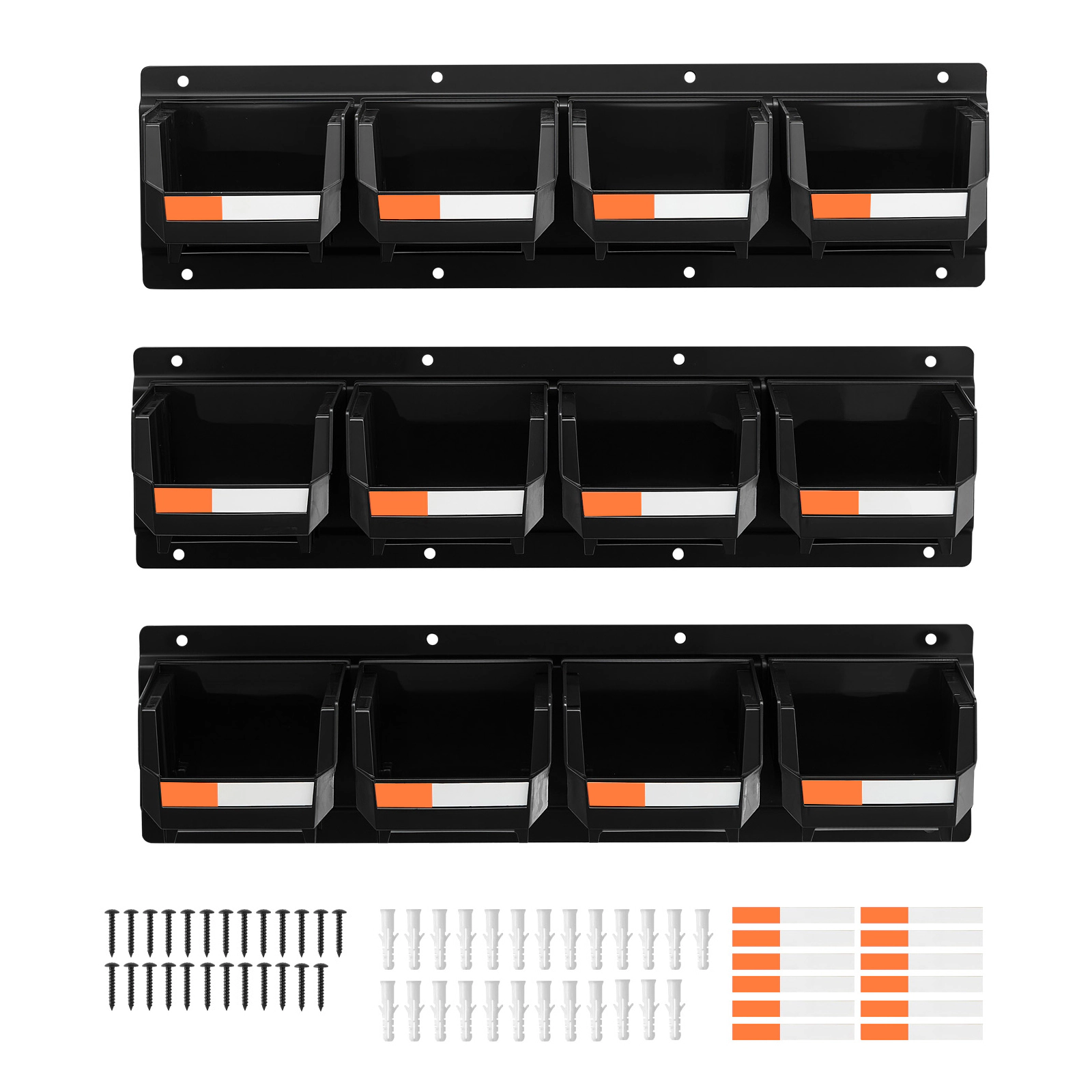 HONGGE Wall Mounted Storage Bins 12 Plastic Bins & 3 Metal Rails Plastic Hanging Stackable Storage Bin for Screws Nuts