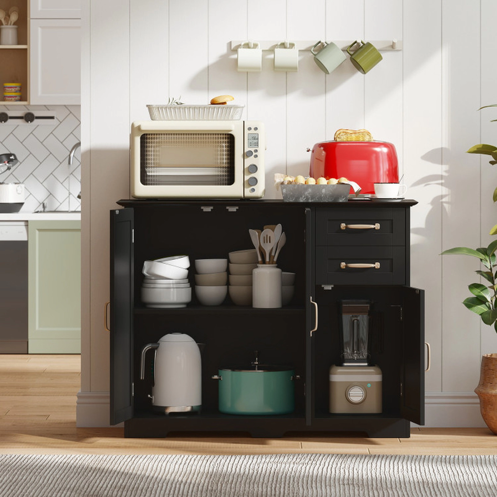 SUGIFT 40-in 120-lb Countertop Black Modern Sideboard Buffet Cabinet with 2 Drawers and Adjustable Shelf