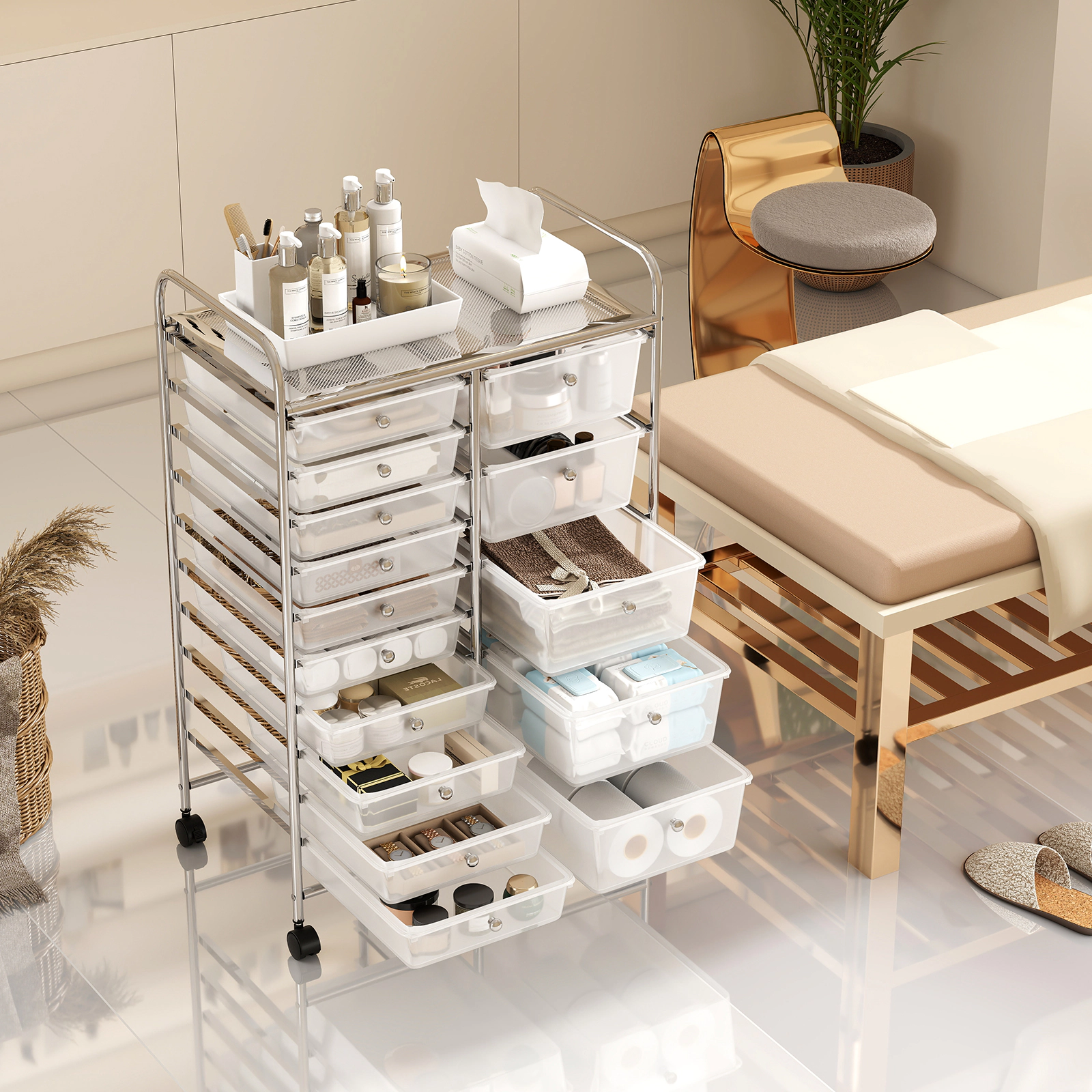 SUGIFT 15-Drawer Rolling Storage Cart Transparent with Chrome Plated Metal Frame