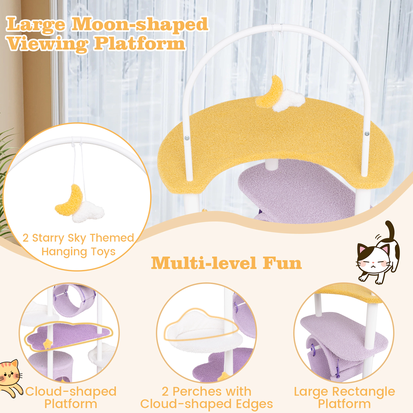 Glintex 62-Inch Starry Sky Cat Tower with Moon Platform Tunnel and Metal Posts, Purple