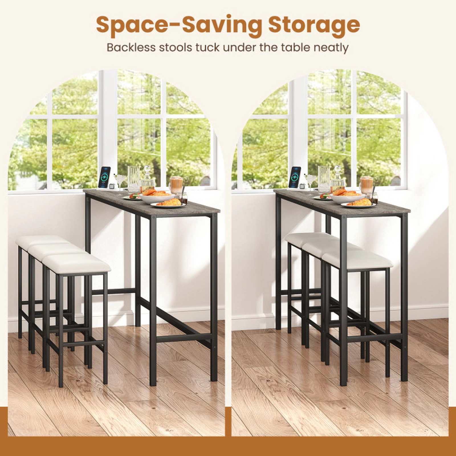 SUGIFT Gray Power Outlet and 3 Padded Stools 4-Piece Counter Height Bar Table Set