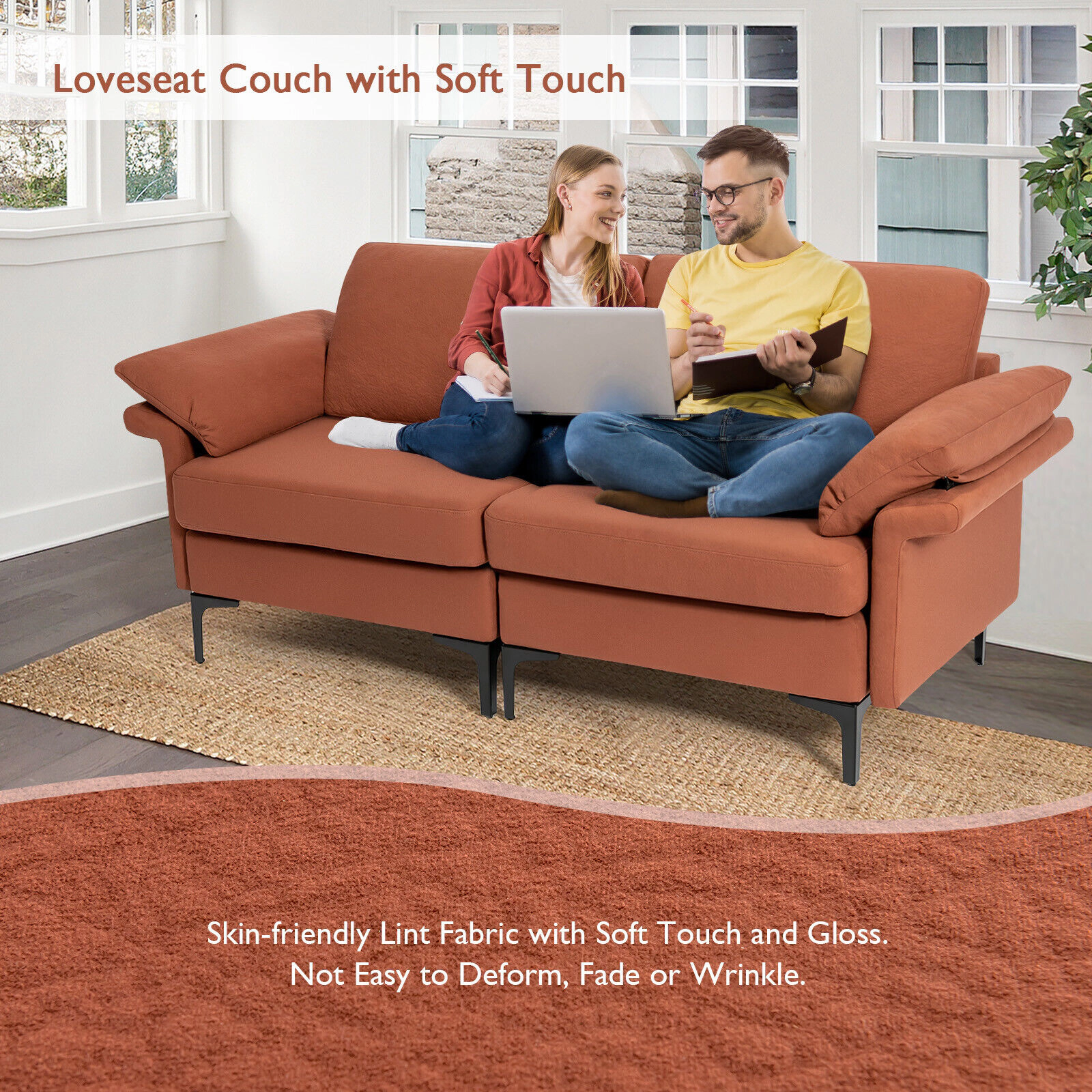 SUGIFT Modern Fabric Loveseat Sofa Rust Red with Metal Legs and Armrest Pillows