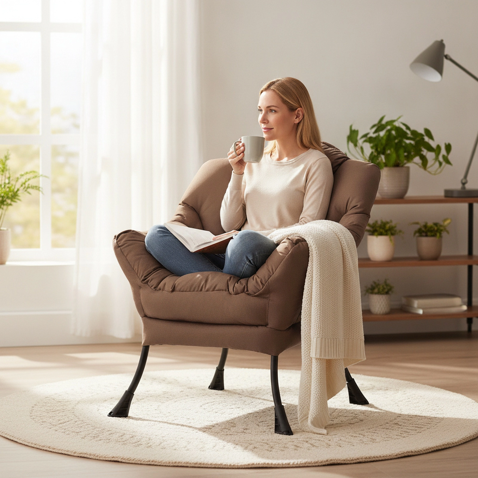 SUGIFT Modern Lazy Chair with Headrest, Side Pocket, Brown