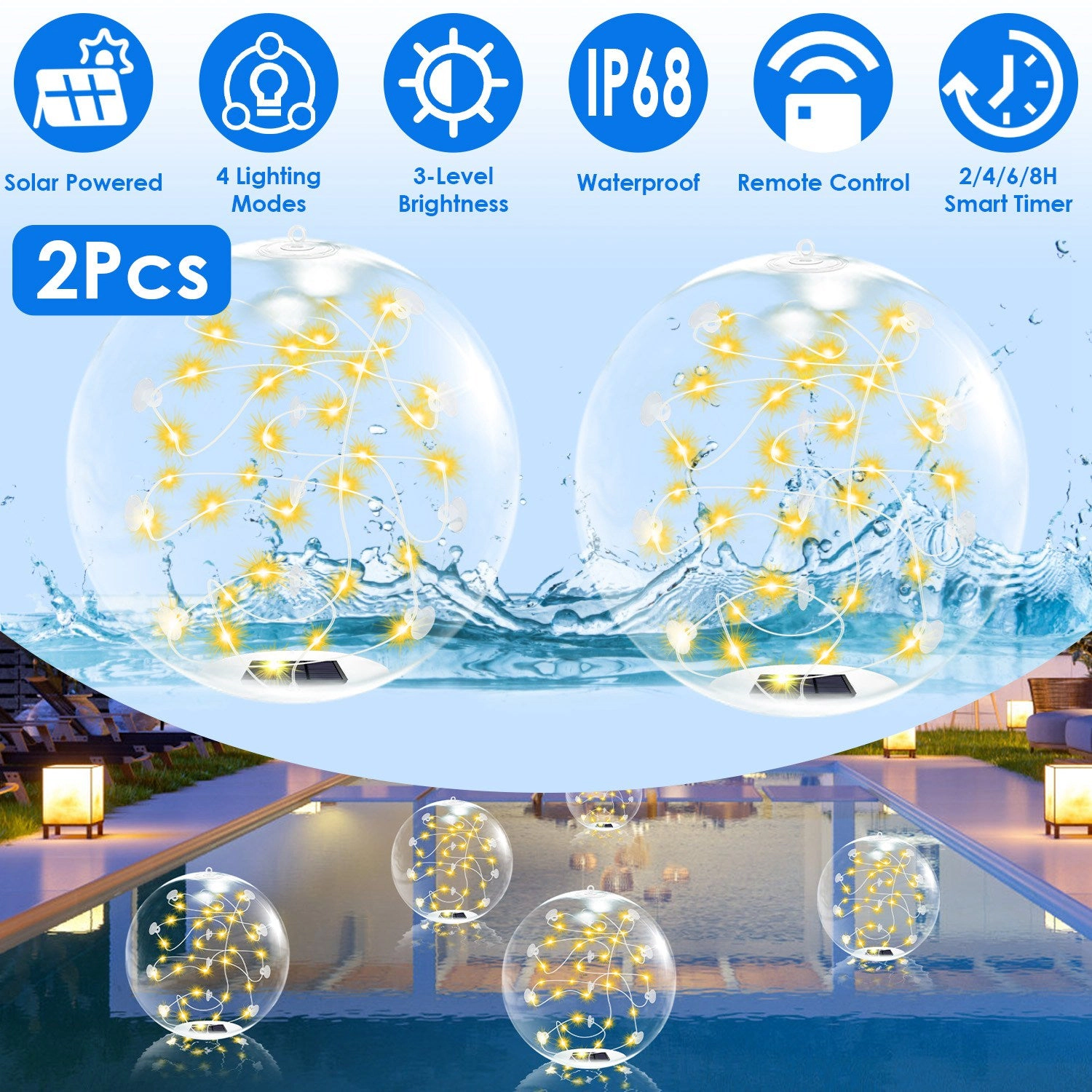 GBruno 2-Pc Solar Floating Pool Lights With Remote