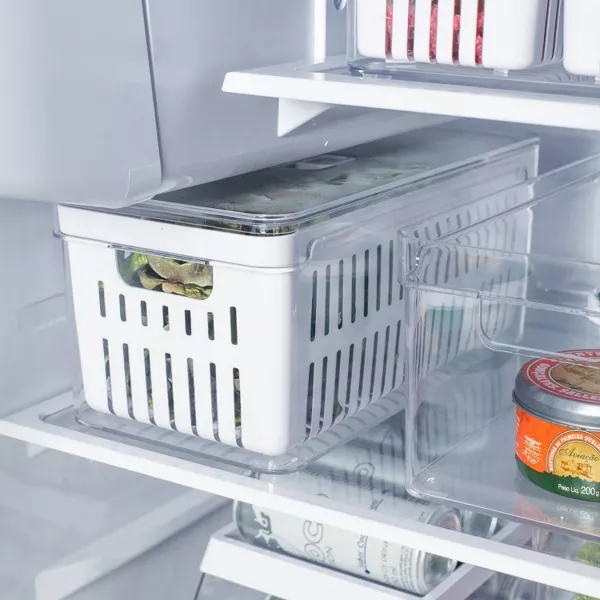 OU Fridge Organizer Bin w/ Drain Basket & Vented Lid, Clear Stackable Refrigerator Storage Container, BPA Free, 4 Pack