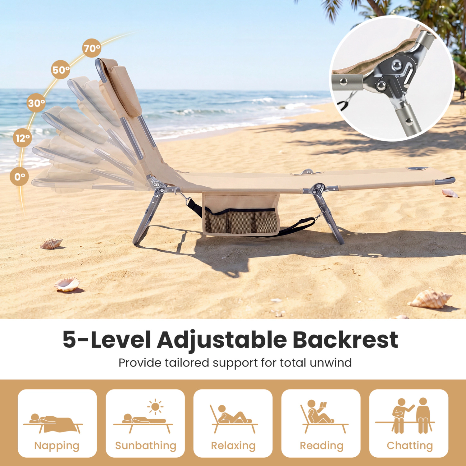 LJG Folding Beach Lounge Chair with Adjustable Backrest for Lawn