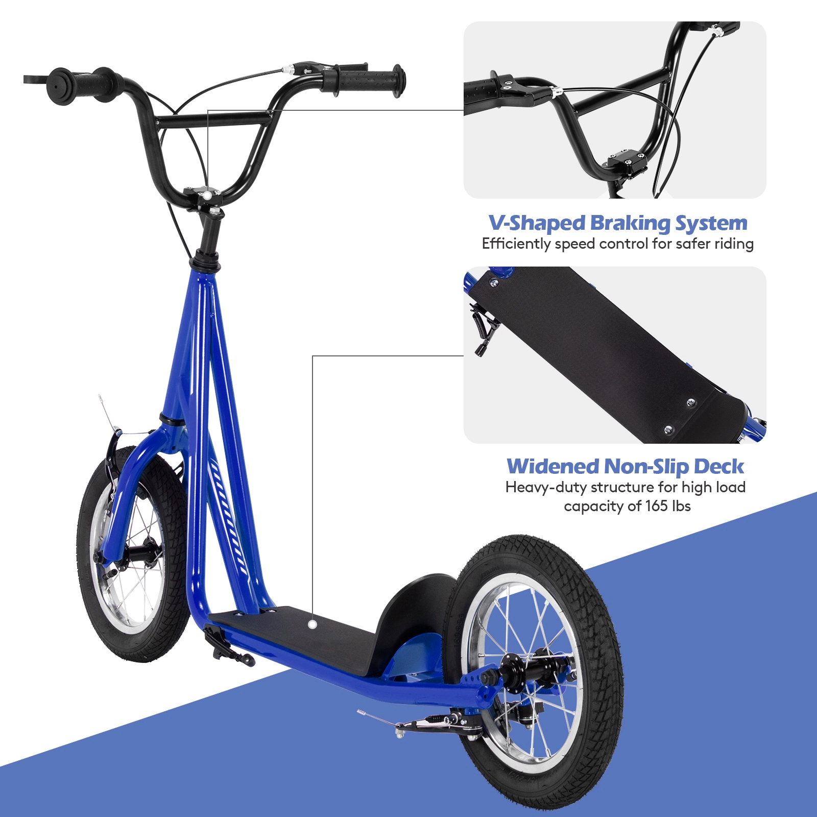 SUGIFT Kids Navy Kick Scooter with 12-in Air-Filled Wheels and Dual V-Brakes 33-in to 35-in H 165-lb Rider Capacity