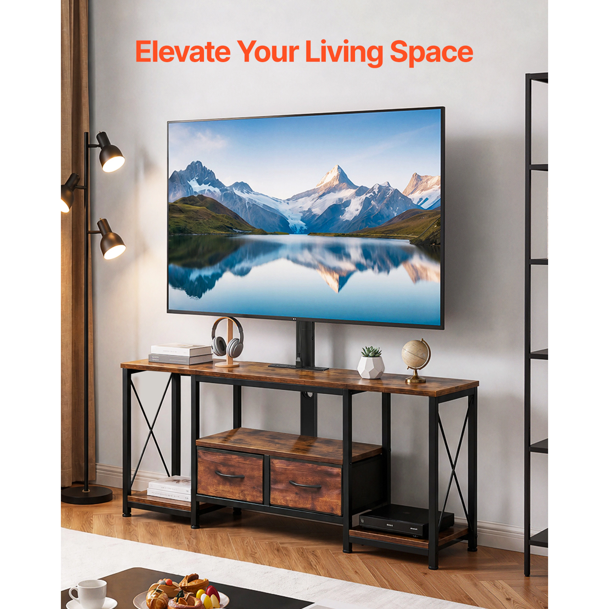 HONGGE TV Stand Console with Power Outlet for 32-75 Inch TVs, Height Adjustable Entertainment Center with Storage