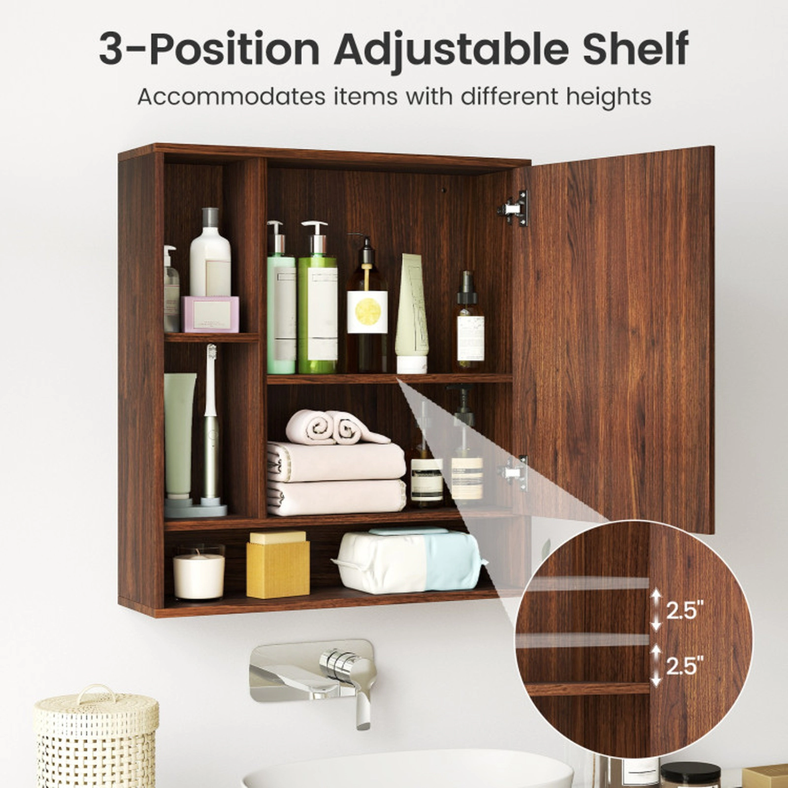 SUGIFT Walnut 176-lb Capacity Wall Mounted Bathroom Mirror Cabinet with Single Door and Open Shelves
