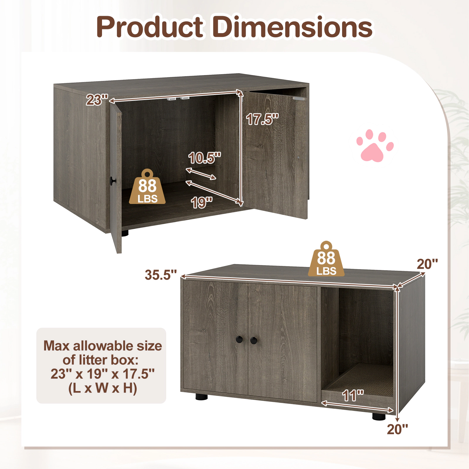 SUGIFT 35.5 x 20-in 88-lb Capacity Oak Wooden Hidden Litter Box Enclosure Furniture with Removable Scratching Board