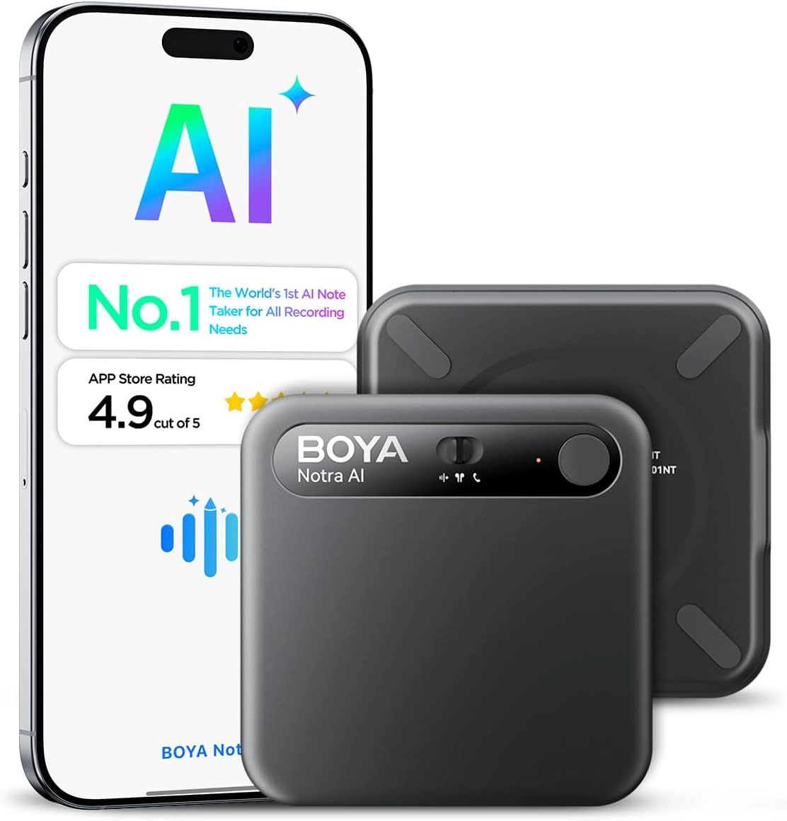 BOYA NOTRA AI Voice Recorder with Smart Transcription, App Control, 64GB Storage, Cloud Sync, 140+ Languages & MagSafe