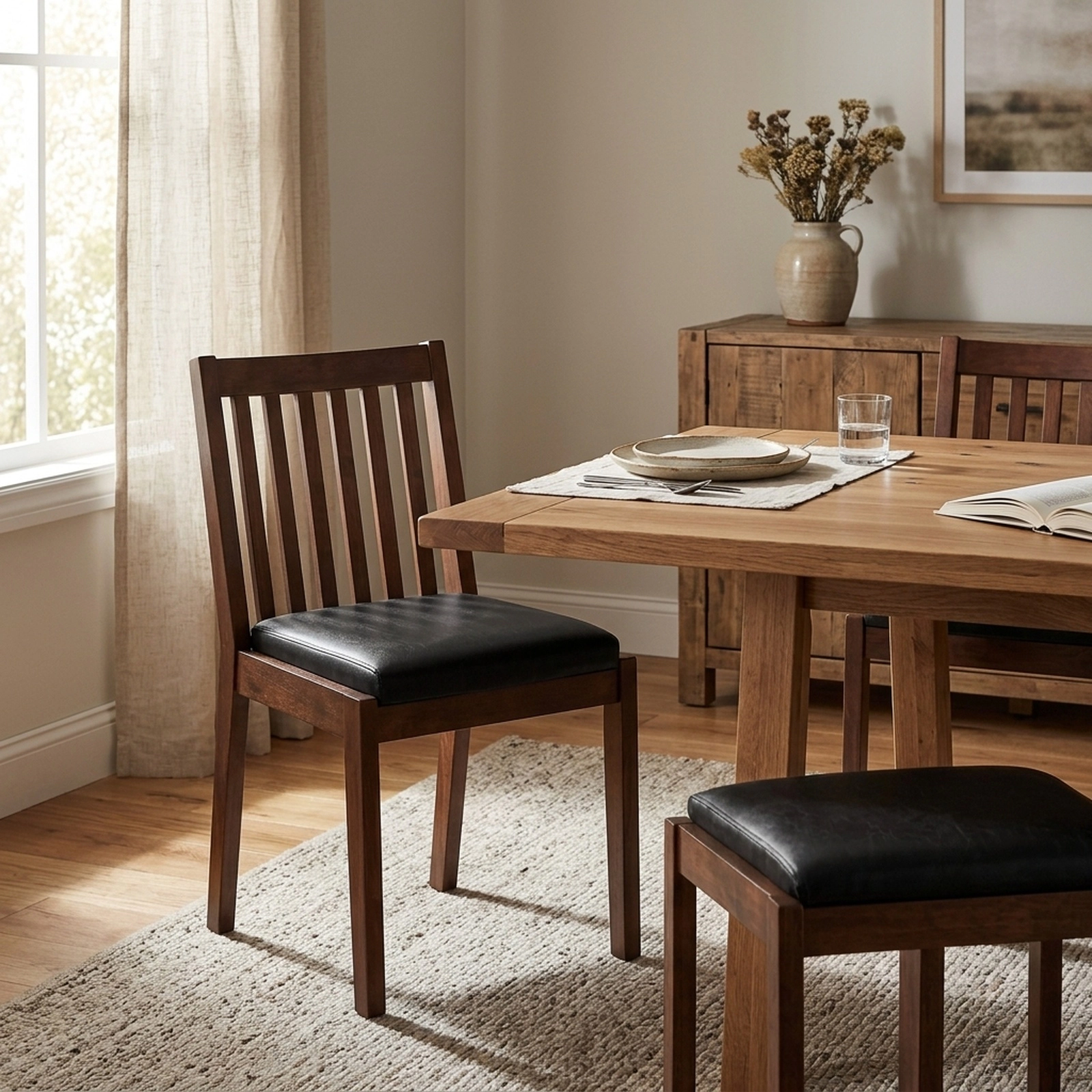 SUGIFT Espresso Faux Leather Dining Chairs, Set of 2, Padded Slat Back, Rubber Wood Frame
