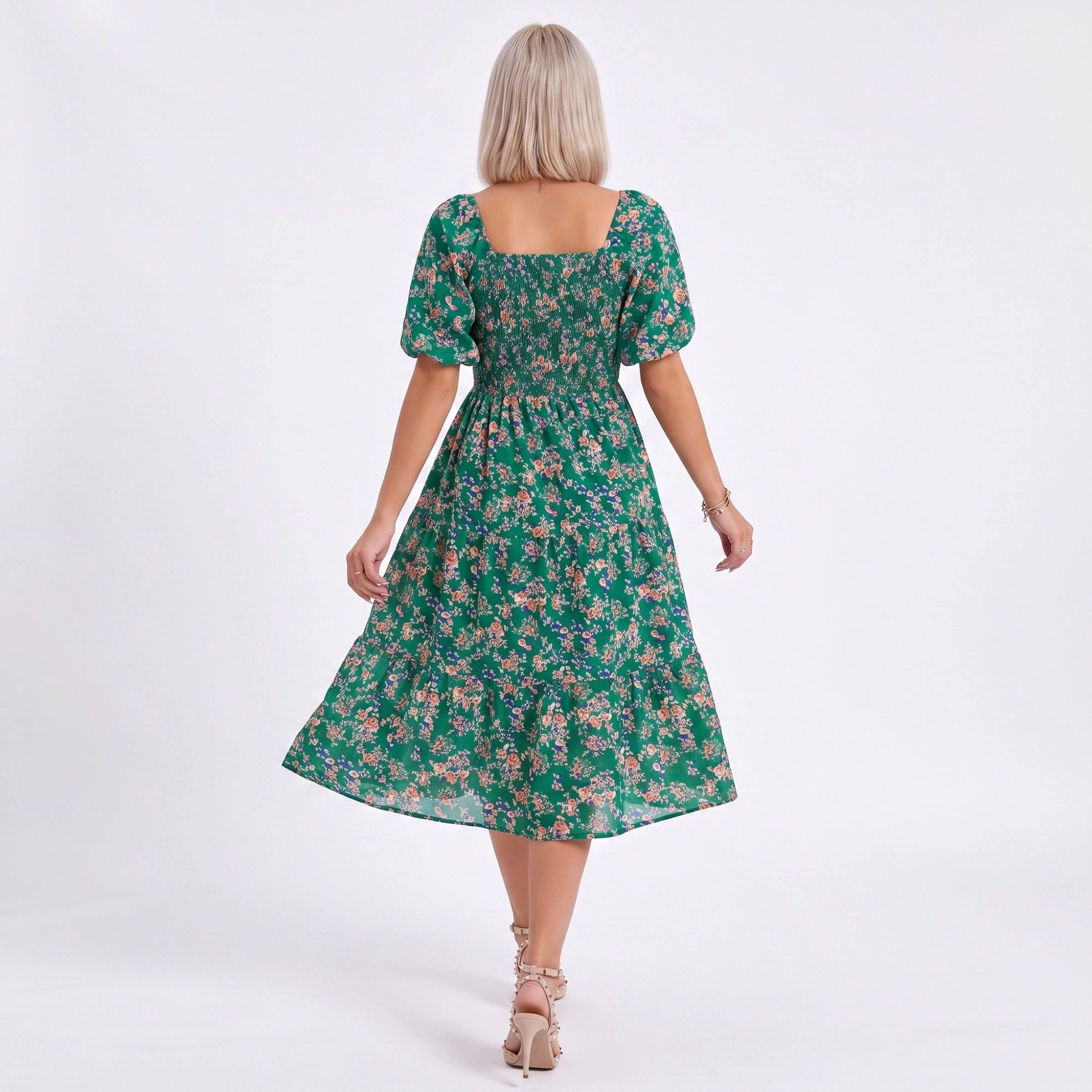 Anna-Kaci Women's Floral Square Neck Smocked Bodice Tiered Midi Dress