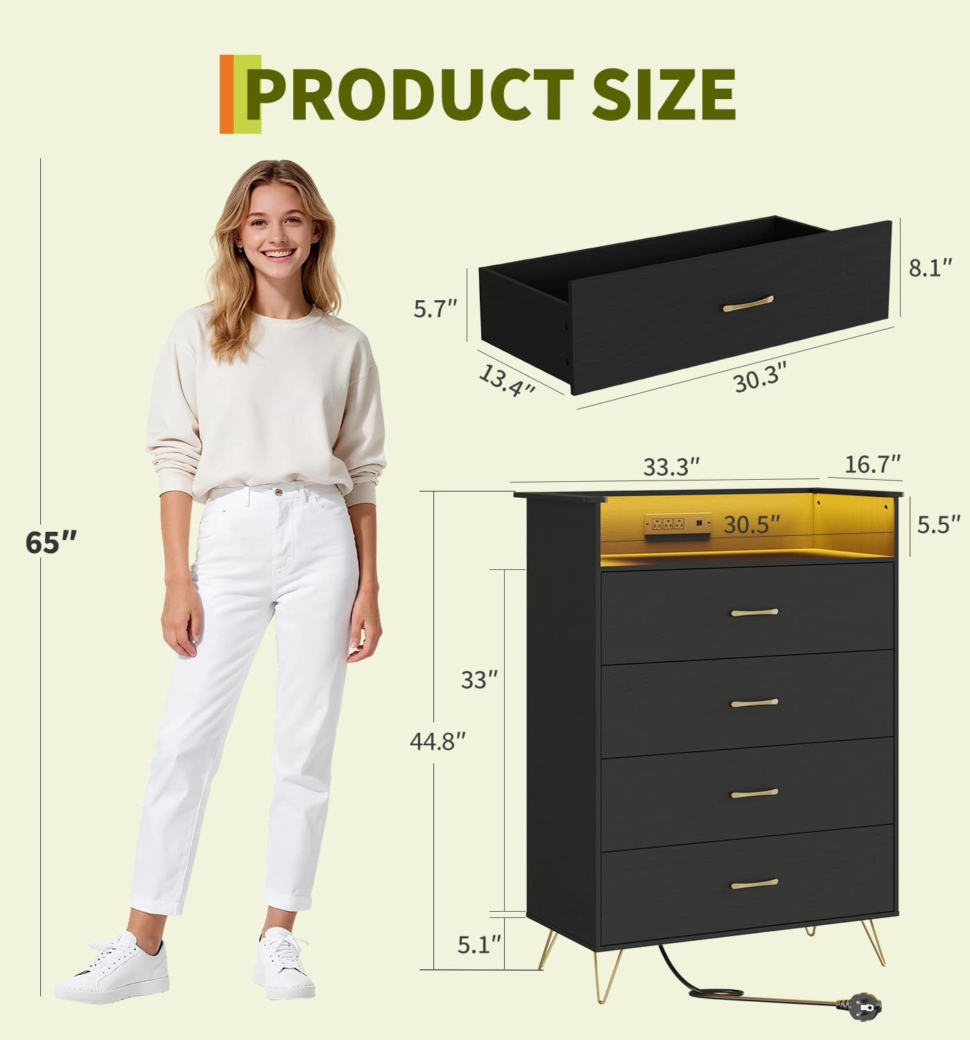 4 Drawer Dresser with Power Outlets & RGB LED Lights, Tall Modern Wood Storage Chest App Control
