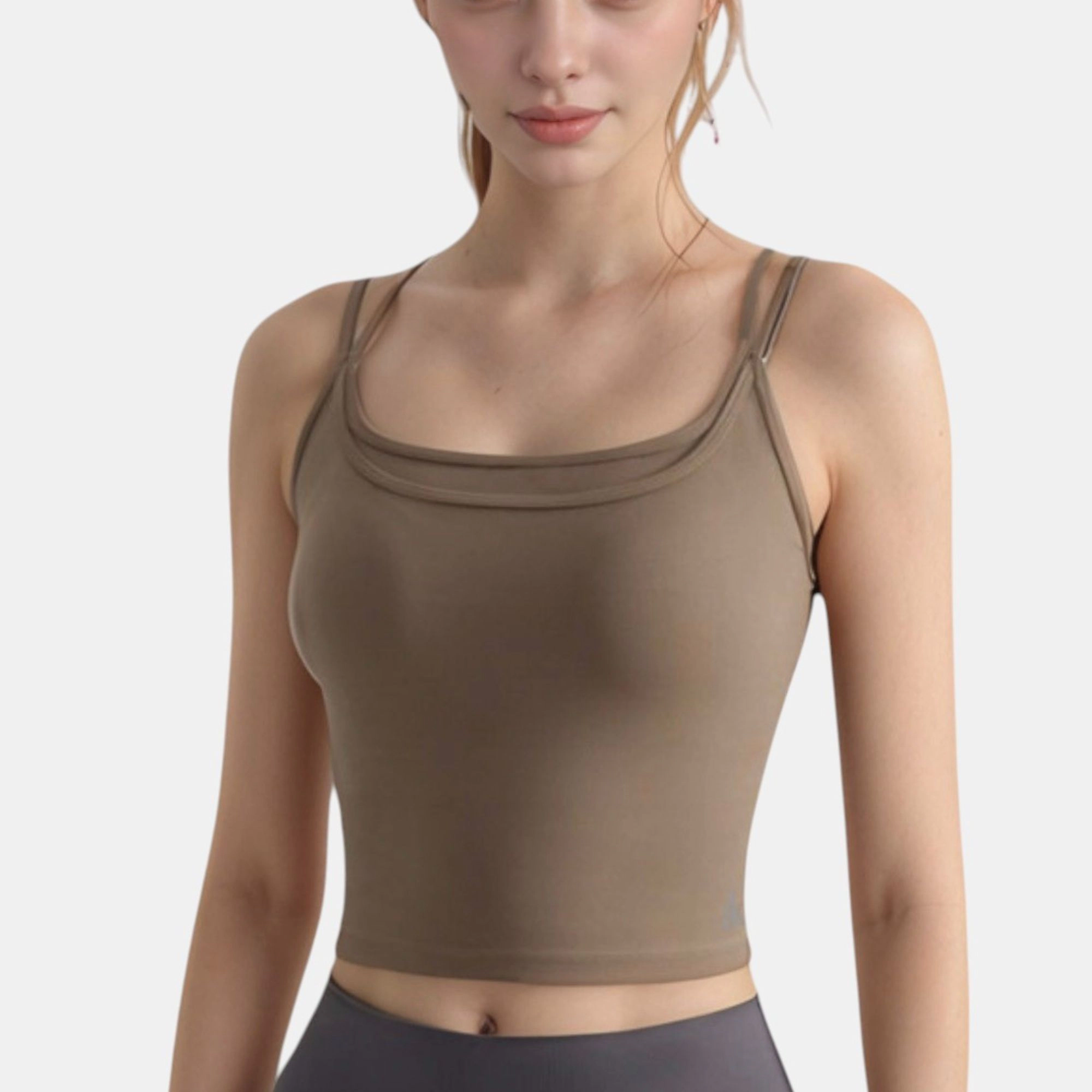 Anna-Kaci Women's Longline Sports Bra with Double Spaghetti Straps and Layered Scoop Neck for Low Impact Workouts