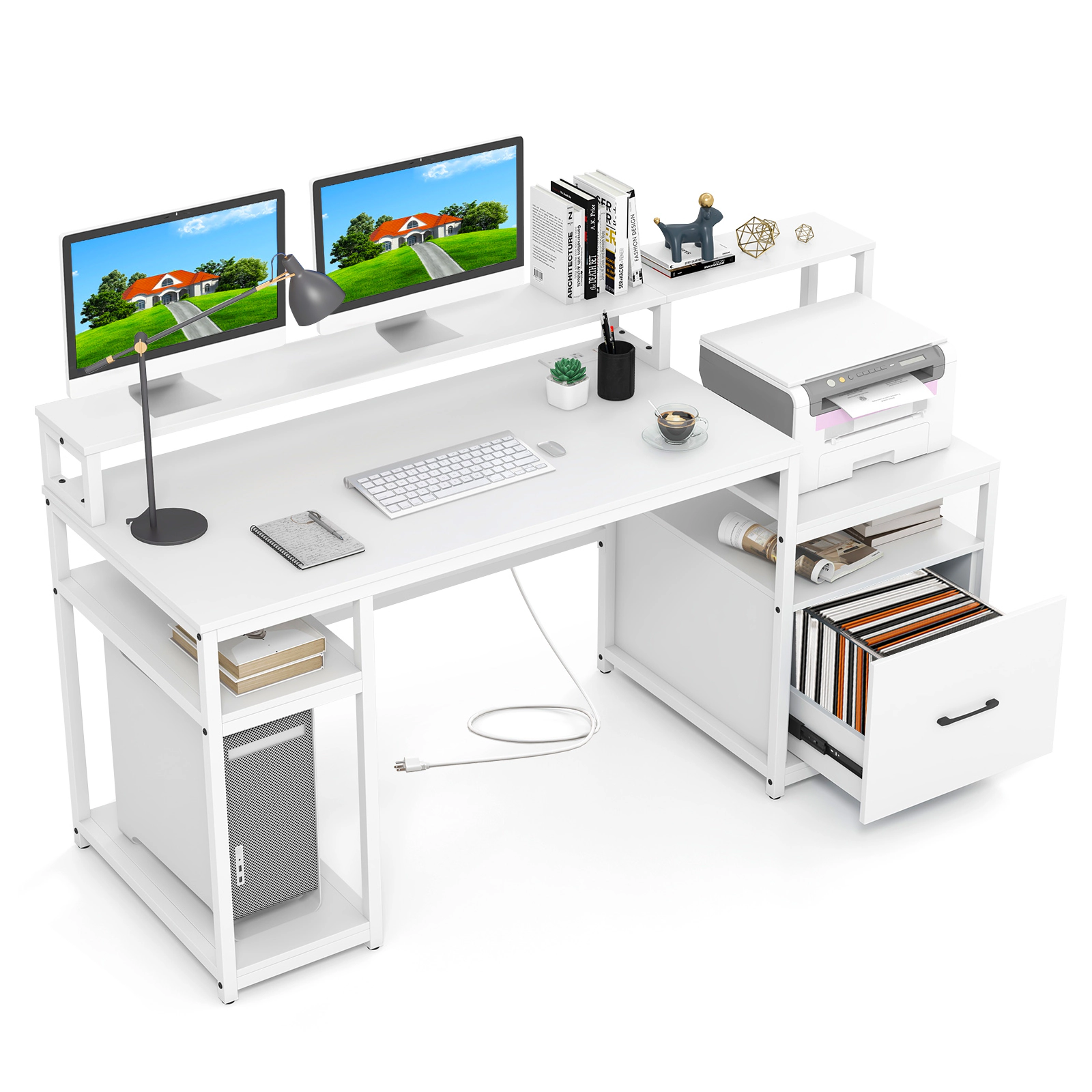SUGIFT 67 in Computer Desk White with Monitor Stand File Drawer and Power Outlets