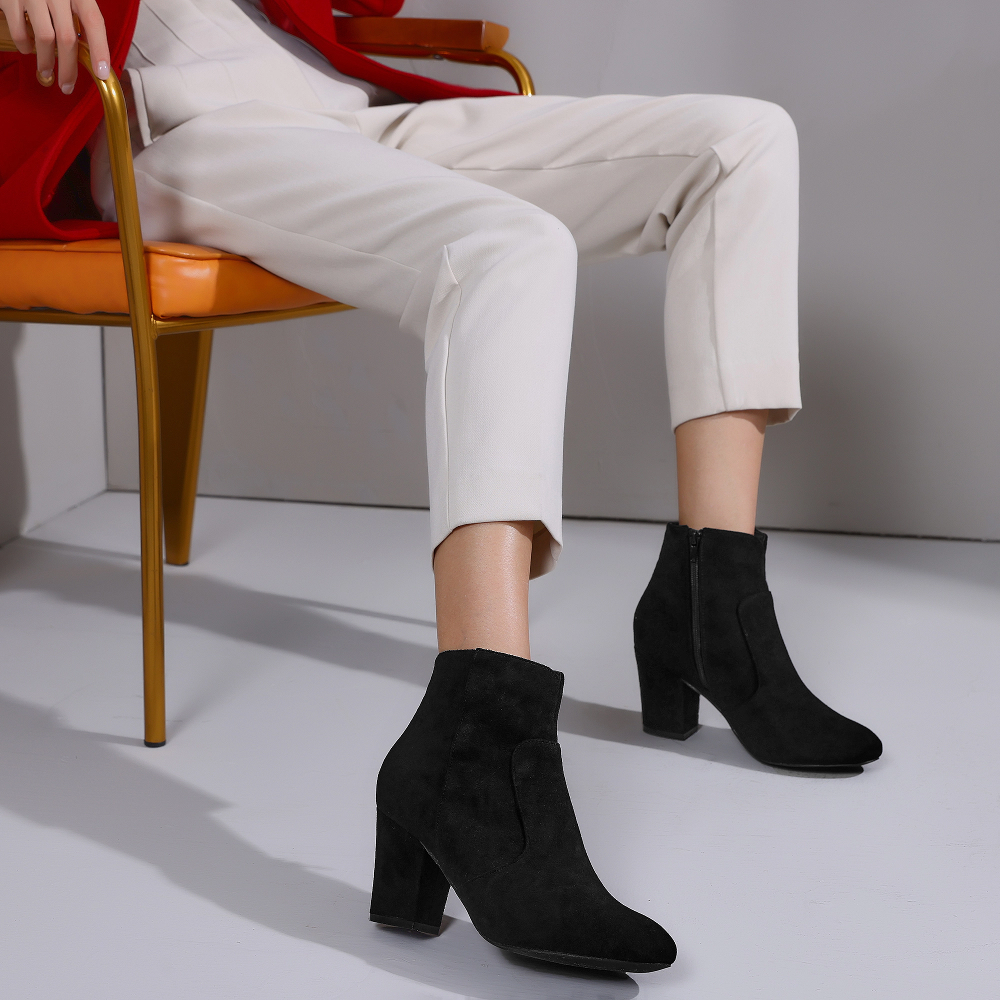 BLISSFUL STEP Women Faux Suede Round Toe Chunky Heel Side Zip Ankle Boots