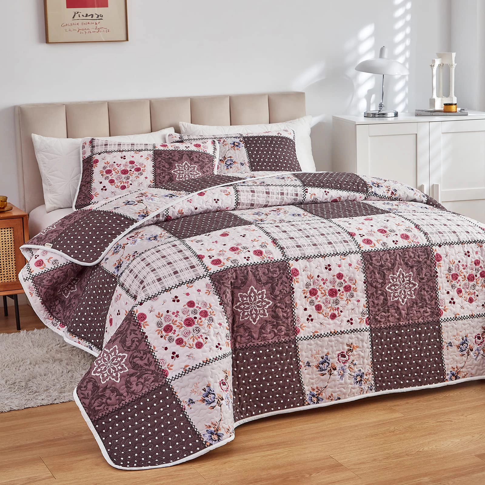 Patchwork Quilt Set California King  3 Pieces Green Flplaid Summer Bedspread Coverlet Softfiber Lightweight Be