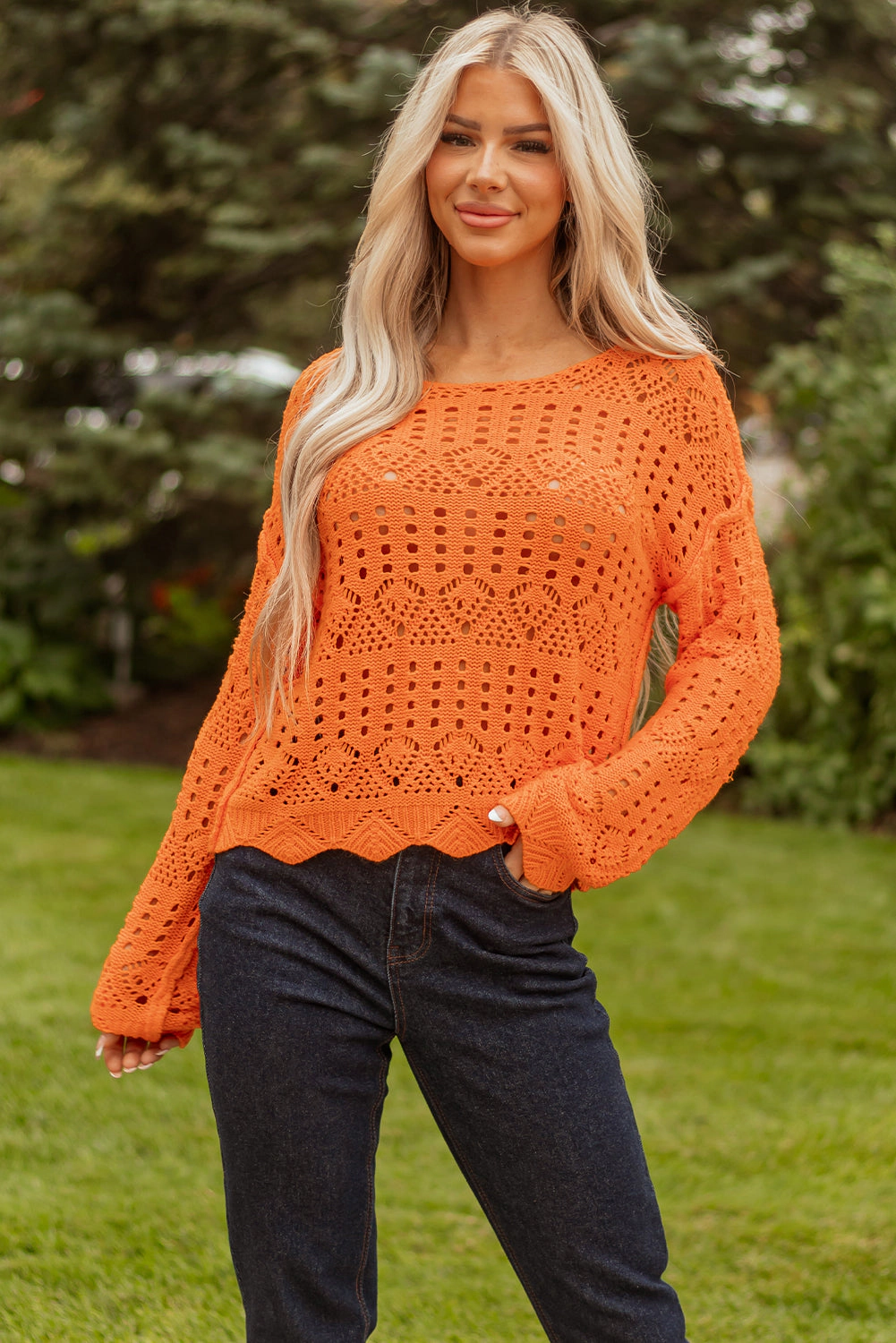 Threaded Pear Women's Emerson Crochet Scallop Edge Sweater