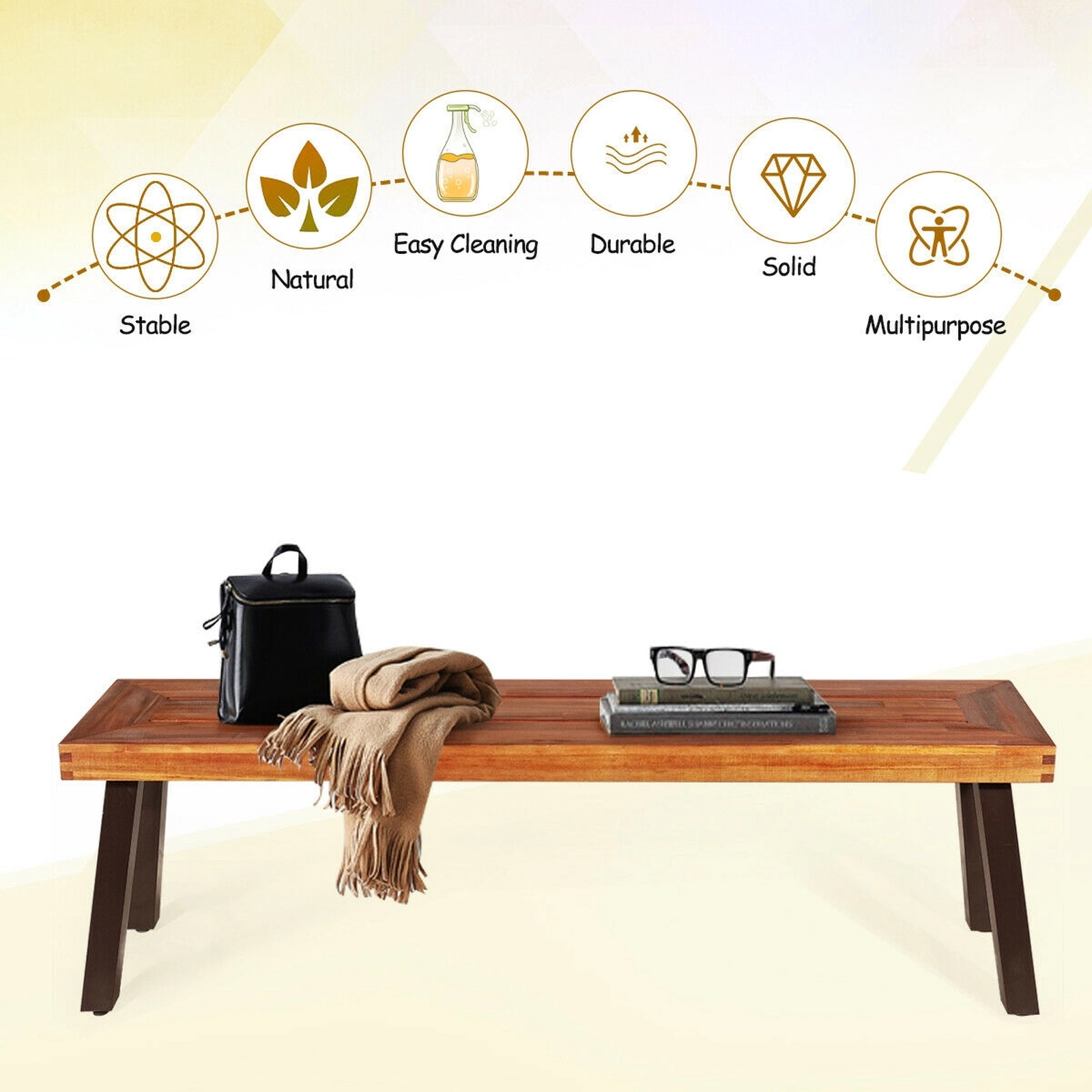SUGIFT Set of 2 60-Inch Acacia Wood Outdoor Dining Benches, Steel Frame, Levelers, 700-Lb Capacity